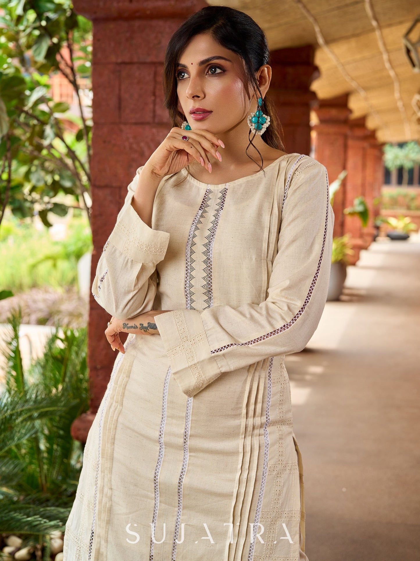 Graceful cotton-Hakoba kurta with pleated charm and lace detailing -pant optional