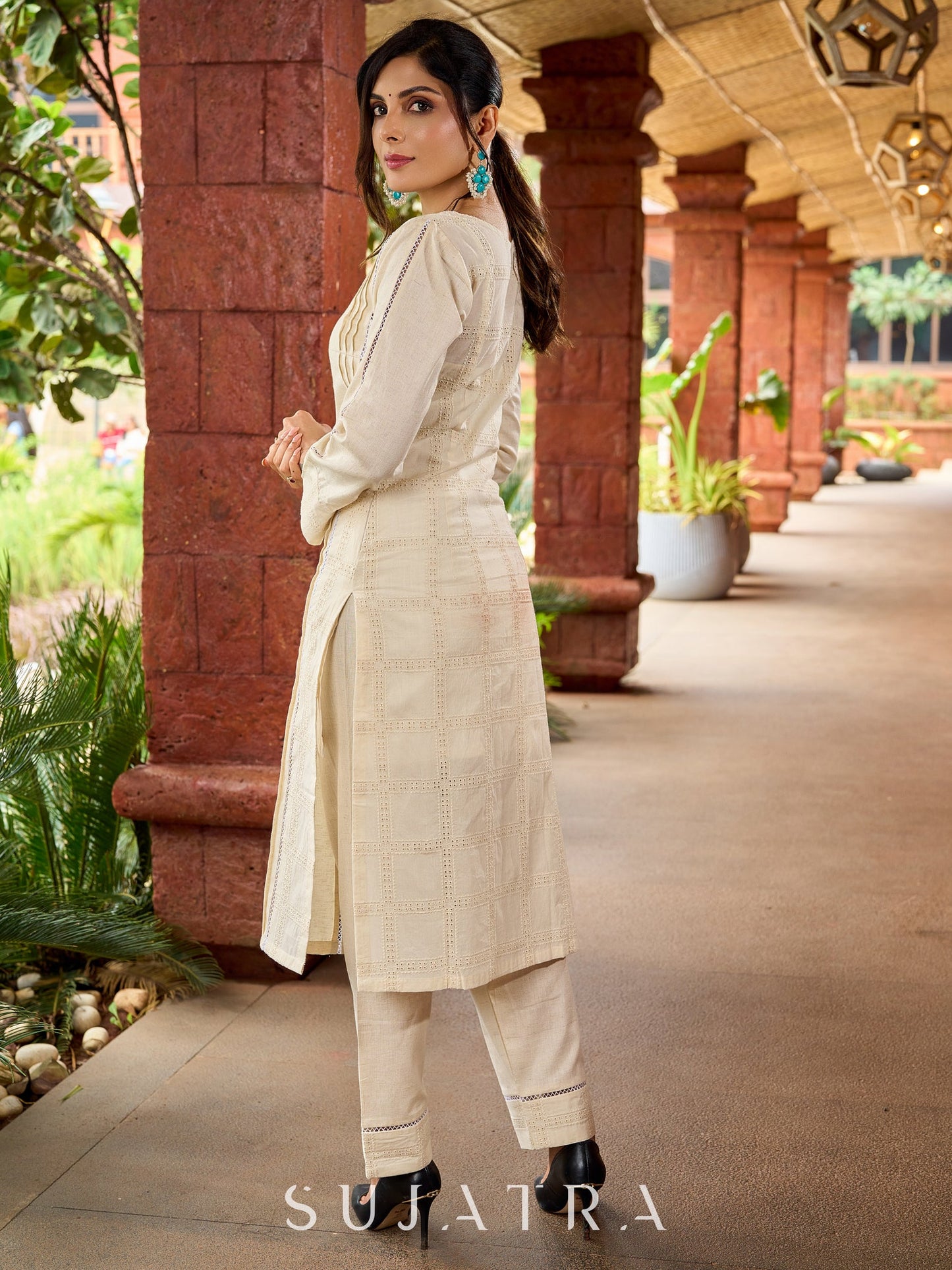 Graceful cotton-Hakoba kurta with pleated charm and lace detailing -pant optional