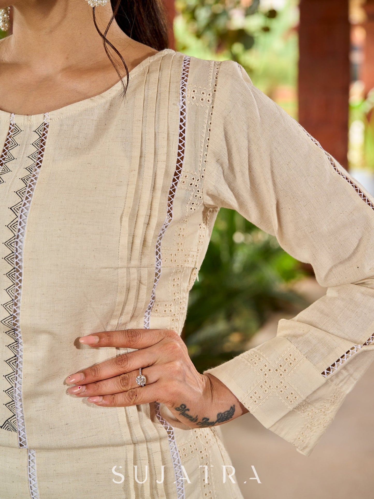 Graceful cotton-Hakoba kurta with pleated charm and lace detailing -pant optional