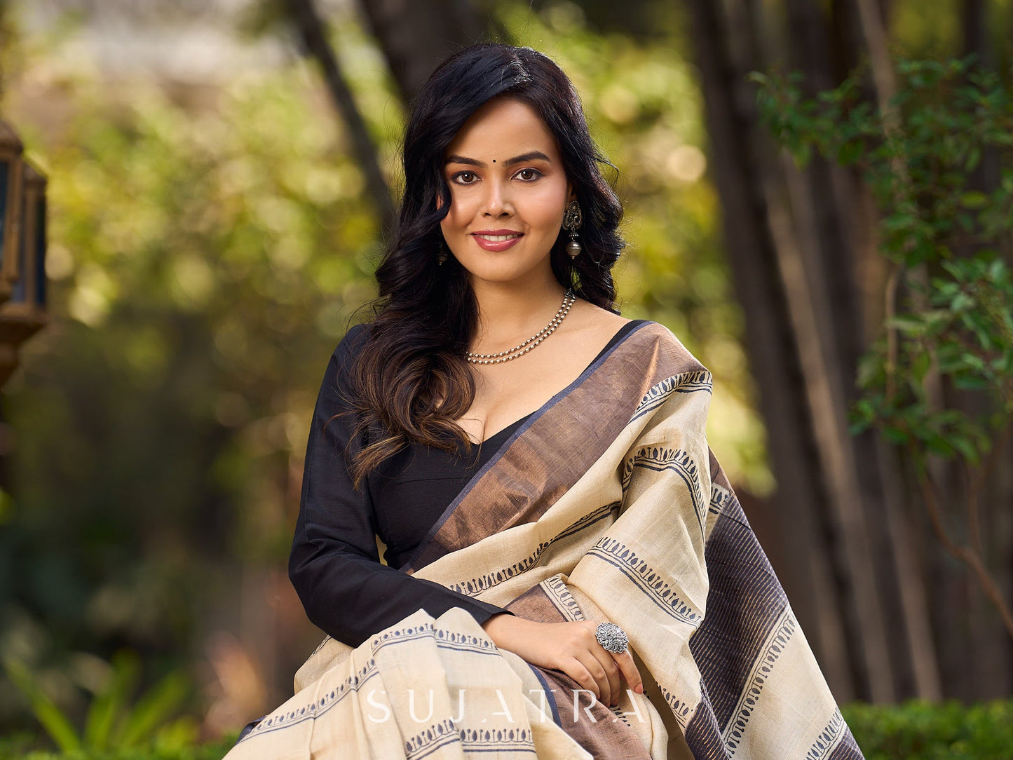 Classic Ivory and Brown Pure Tussar Silk Block Printed Saree Accented with Subtle Stripes and Handcrafted Detailing