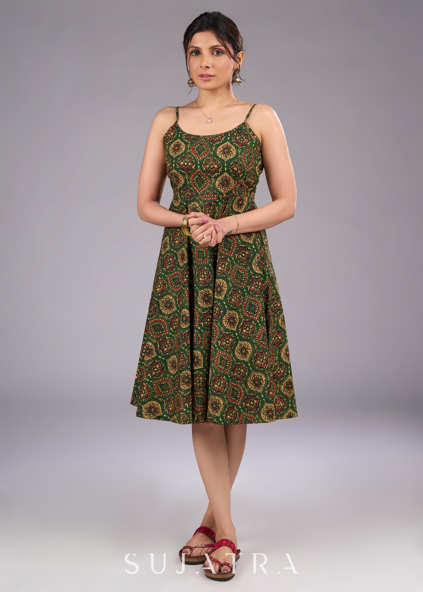 Classic Green Ajrakh Strappy Flared Dress SujatraCA Classic Green Ajrakh Strappy Flared Dress SujatraCA
