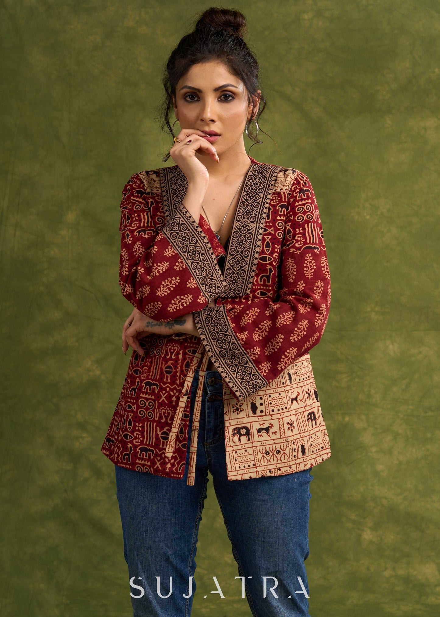 Bohemian Masterpiece : Maroon Ajrakh Patchwork Jacket With Dramatic Bell Sleeves