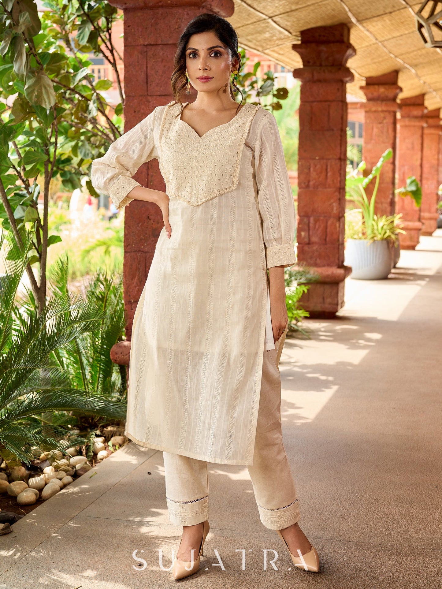 Graceful cotton-Hakoba kurta with pleated charm and lace detailing -pant optional