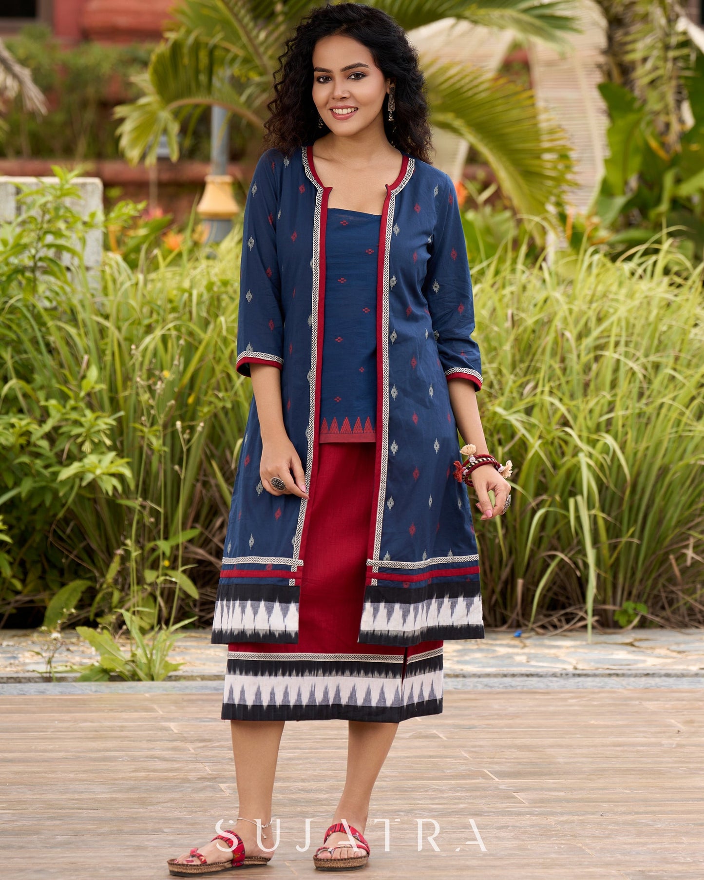 Ikat & Jamdani design Fusion Maroon Top & Skirt with Additional Ikat Accent Shrug