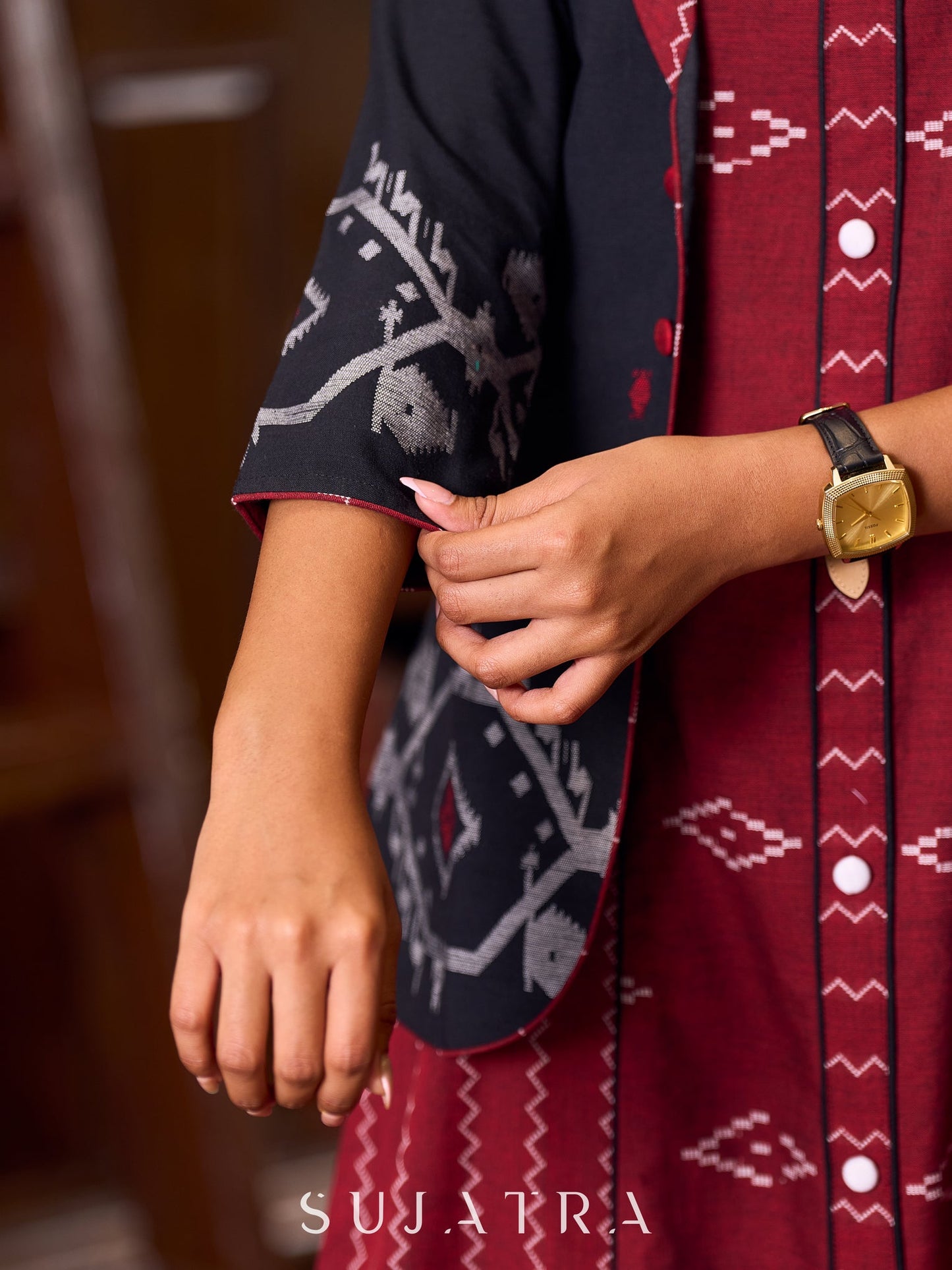 Classic Black Woven Jamdani Jacket With Rich Maroon Contrasting Collar