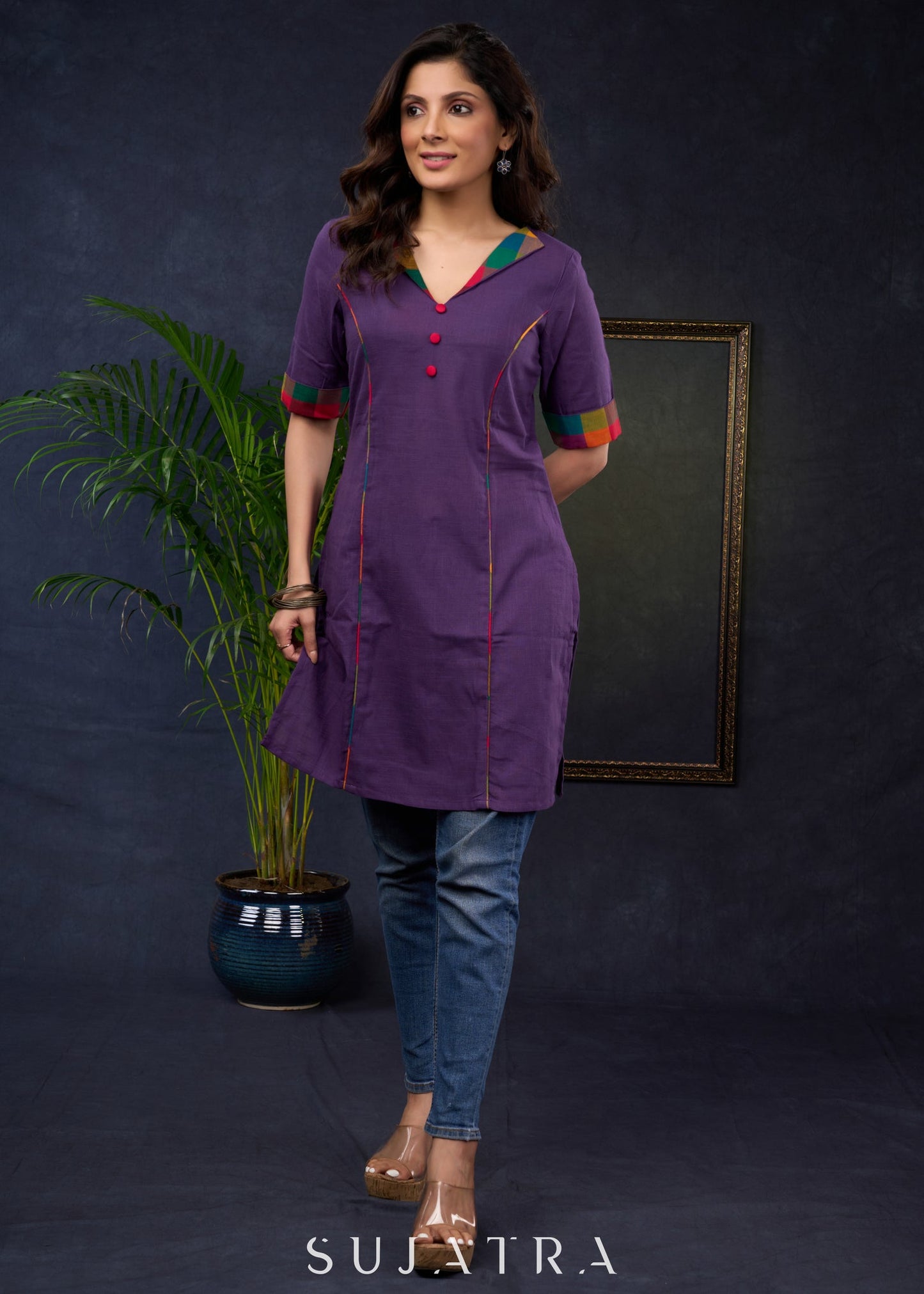 Stylish Purple Cotton Collared Tunic , For Everyday Wear