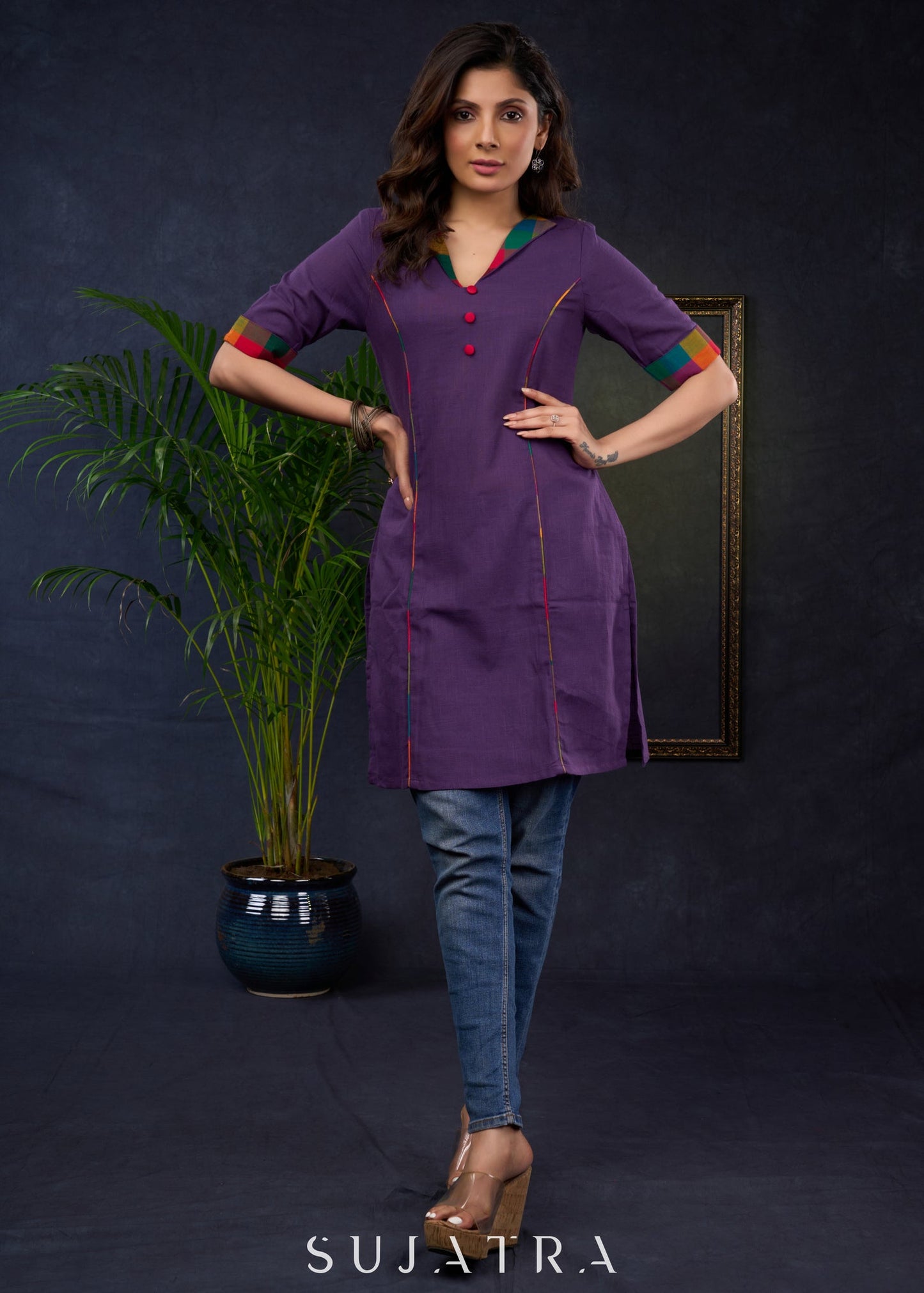 Stylish Purple Cotton Collared Tunic , For Everyday Wear