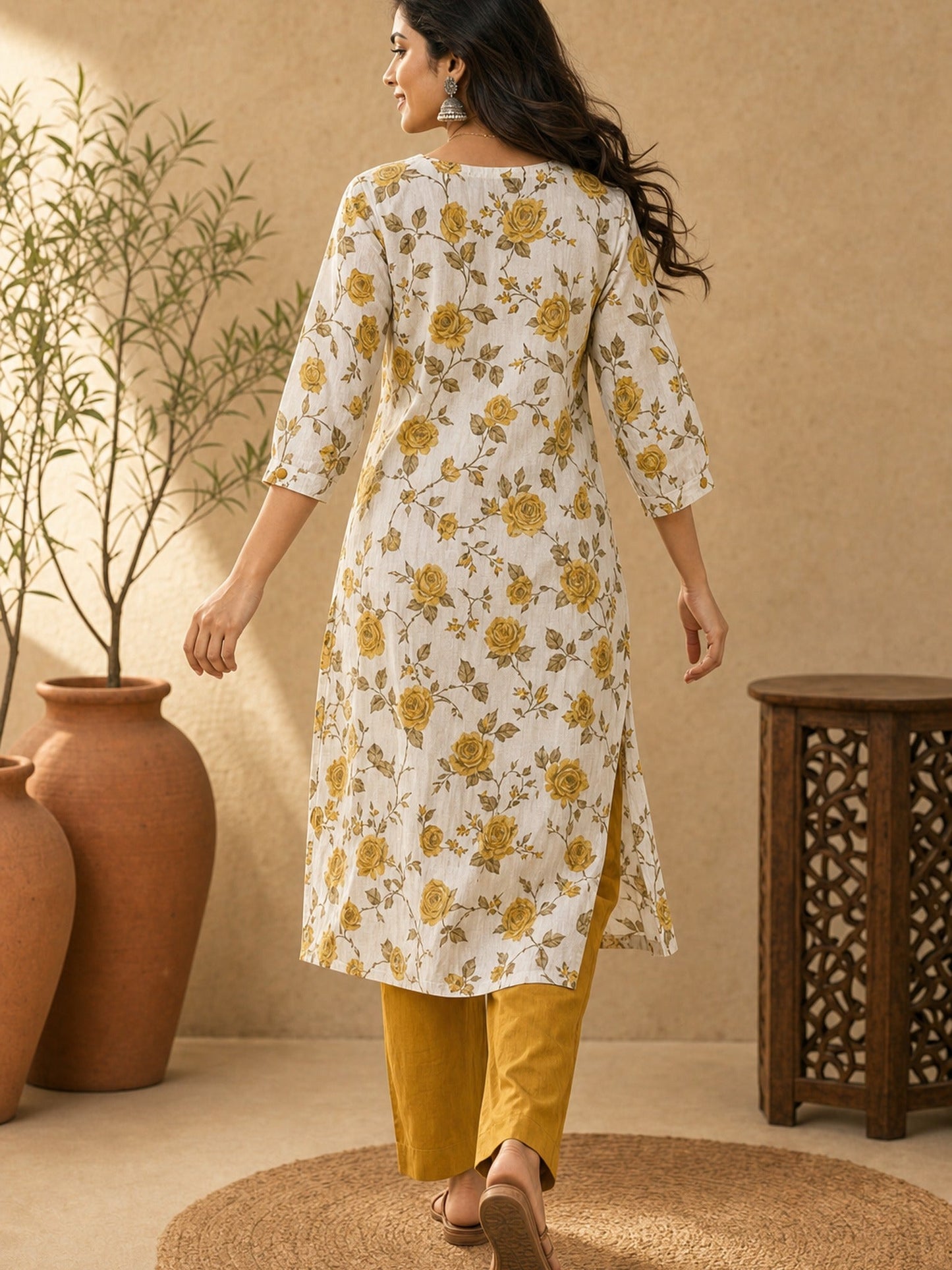 Chic White Floral Printed Cotton Kurta with Straight Silhouette
