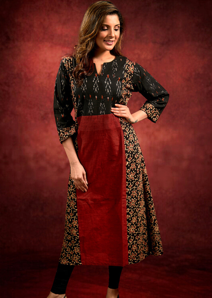 Kurta en coton à combinaison Ajrakh, Ikkat et marron