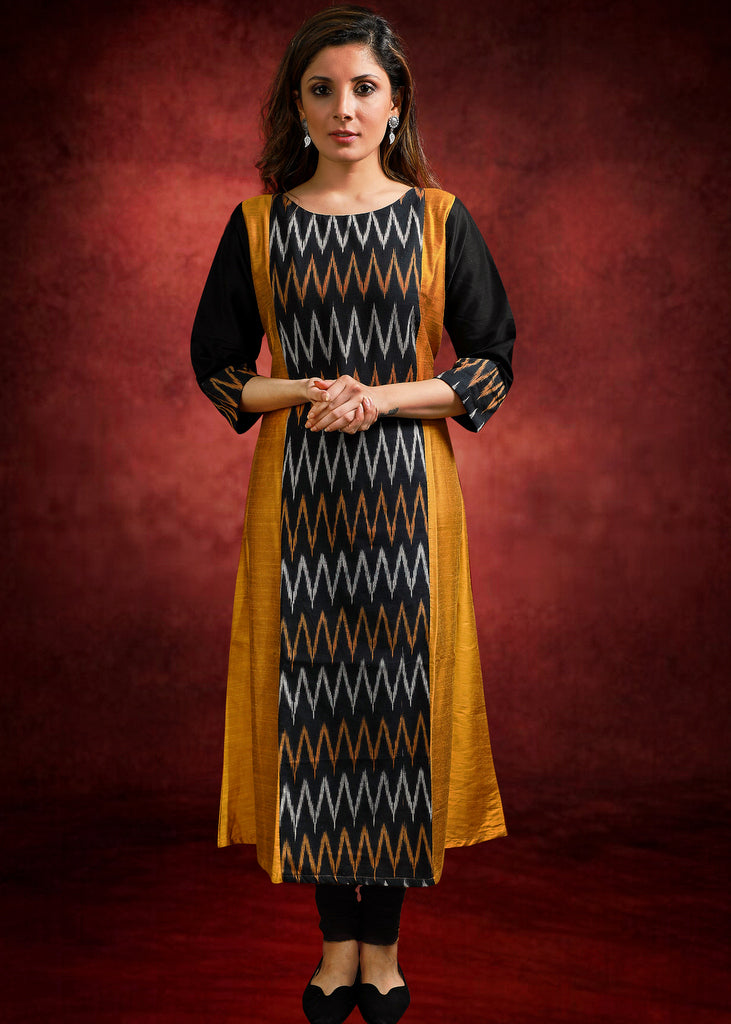 Kurti en mélange de soie de coton moutarde et ikat