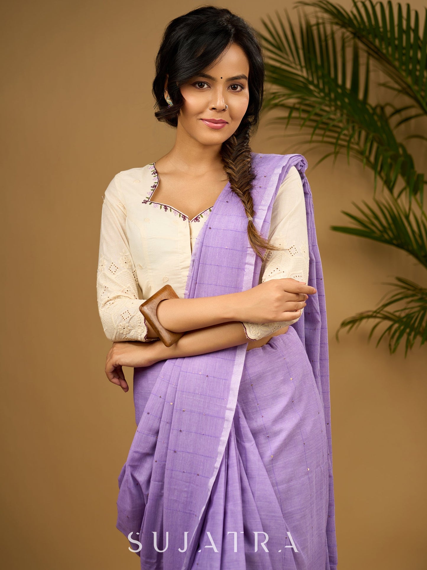 Ivory Bloom Hakoba Floral Hand Embroidered Cotton Blouse - Optional Saree