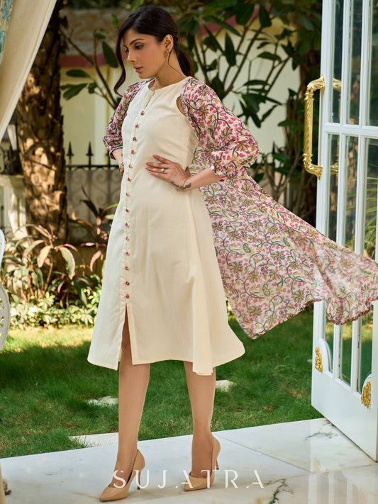 Structured Off-White Cotton Flex Sleeveless Dress with Delicate Contrast Floral Button Detailing - Jacket Optional