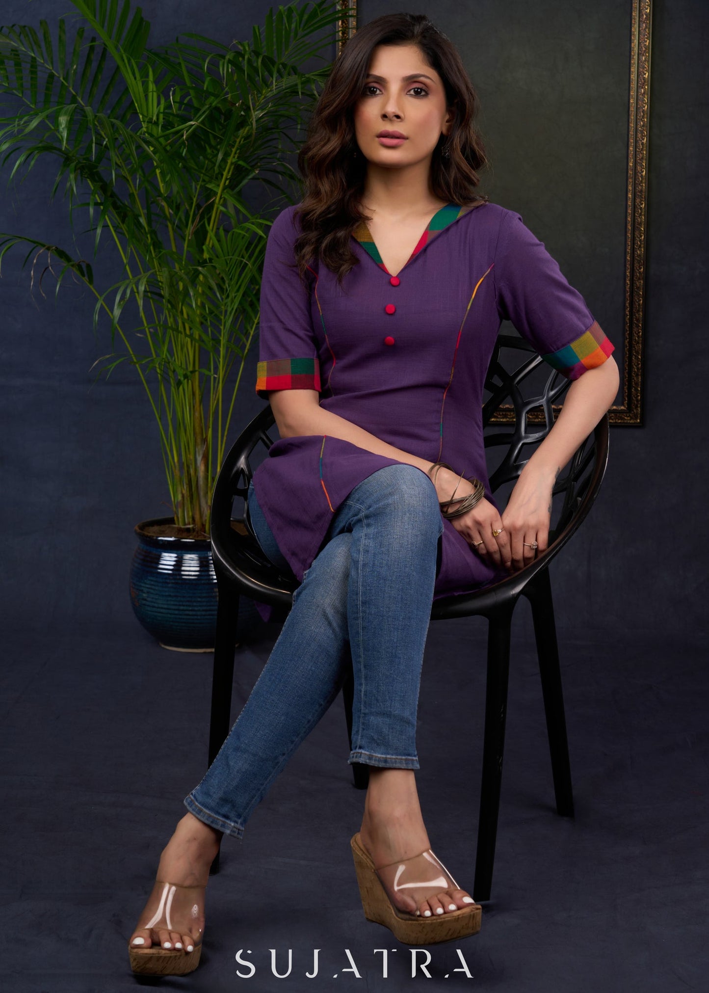 Stylish Purple Cotton Collared Tunic , For Everyday Wear