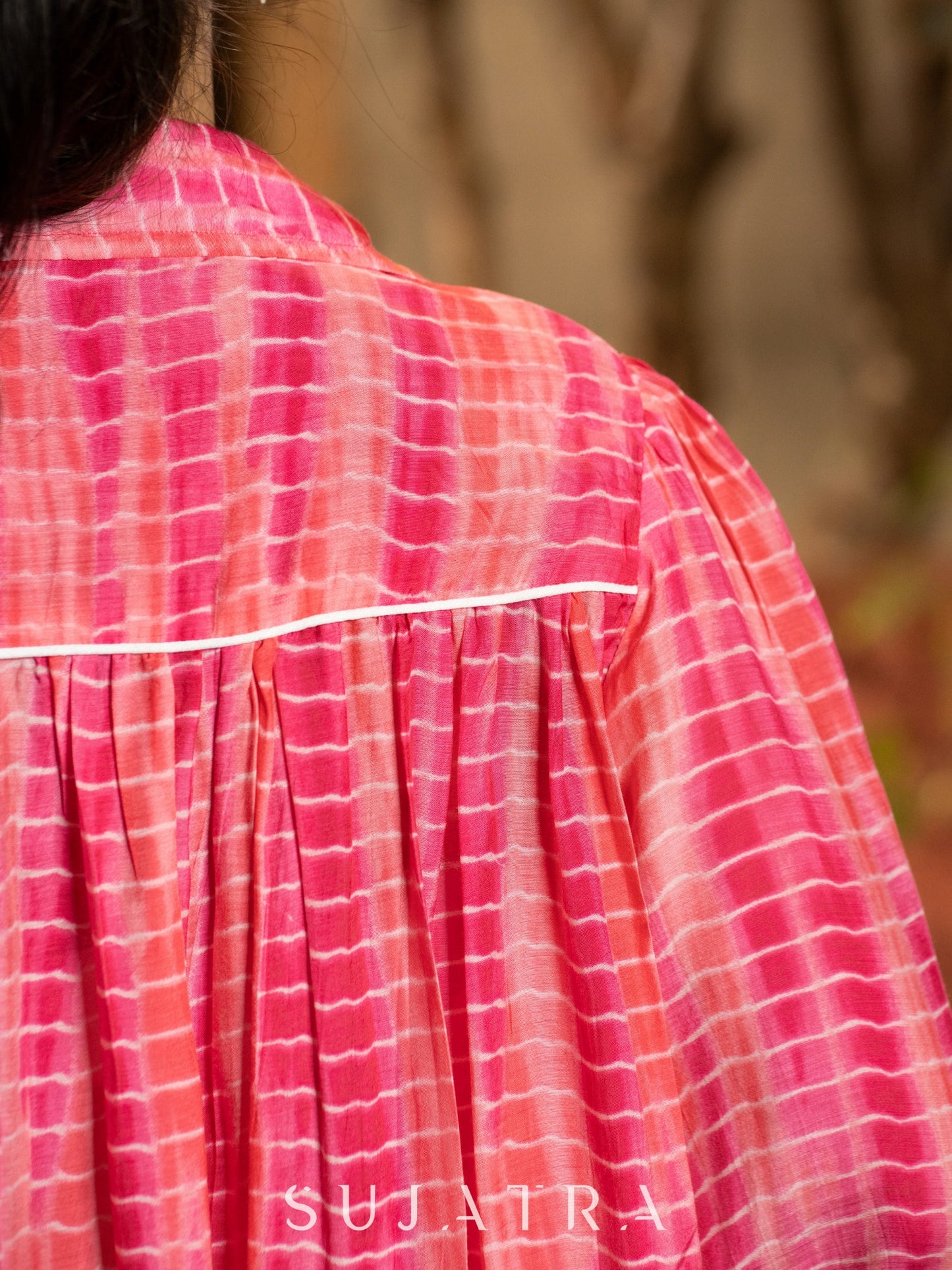 Playful Pink Tie-Dye Viscose Gathered Shirt with Crisp White Piping
