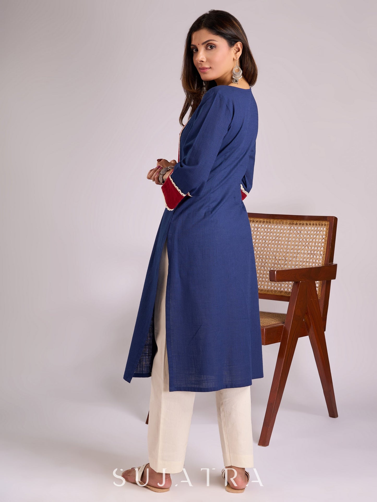 Graceful Blue & Maroon Cotton Panel Kurta Adorned with Intricate Crochet Lace
