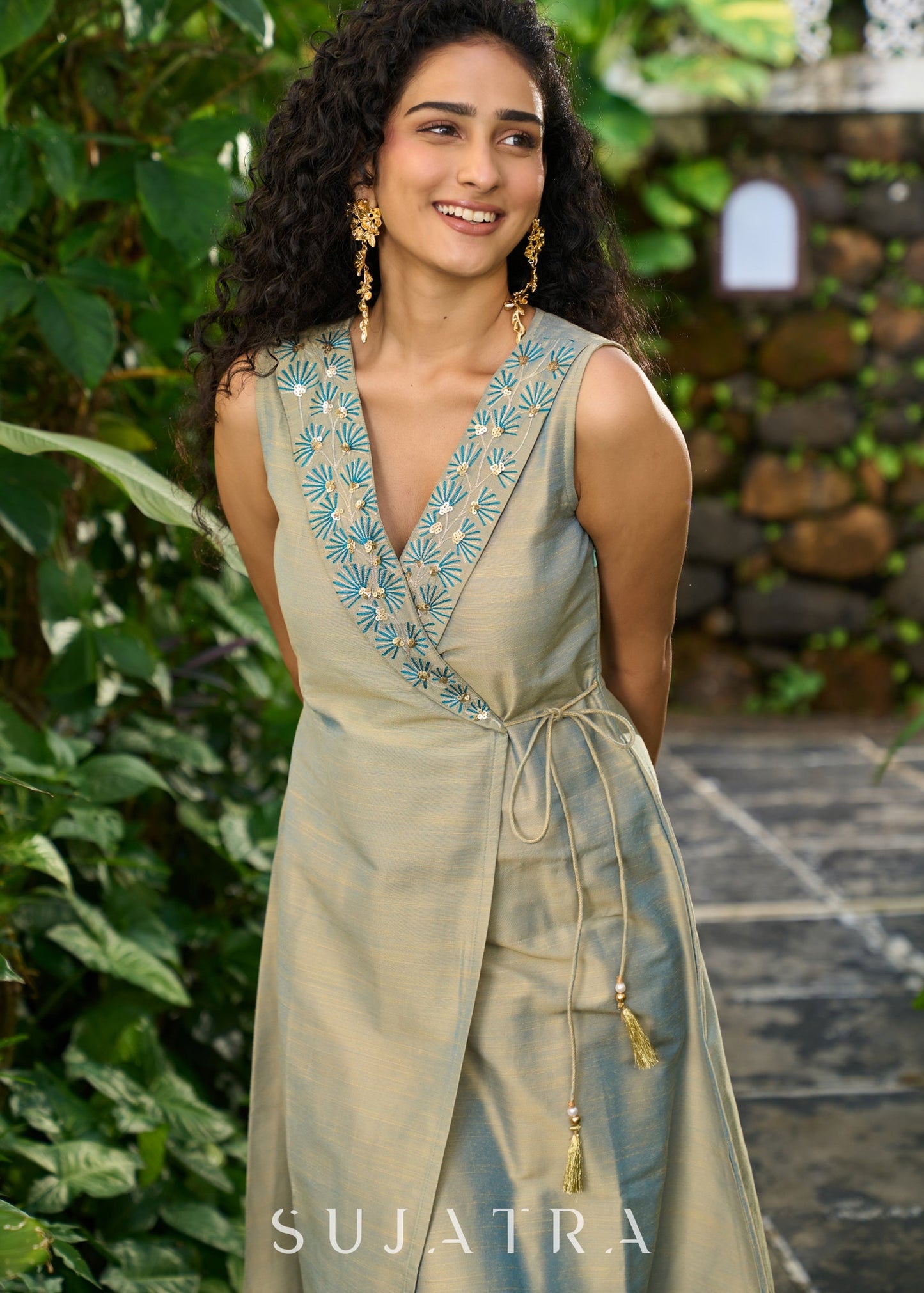 Elegant olivegold cotton silk overlap sleeveless dress highlighted with minimal embroidery in the collar