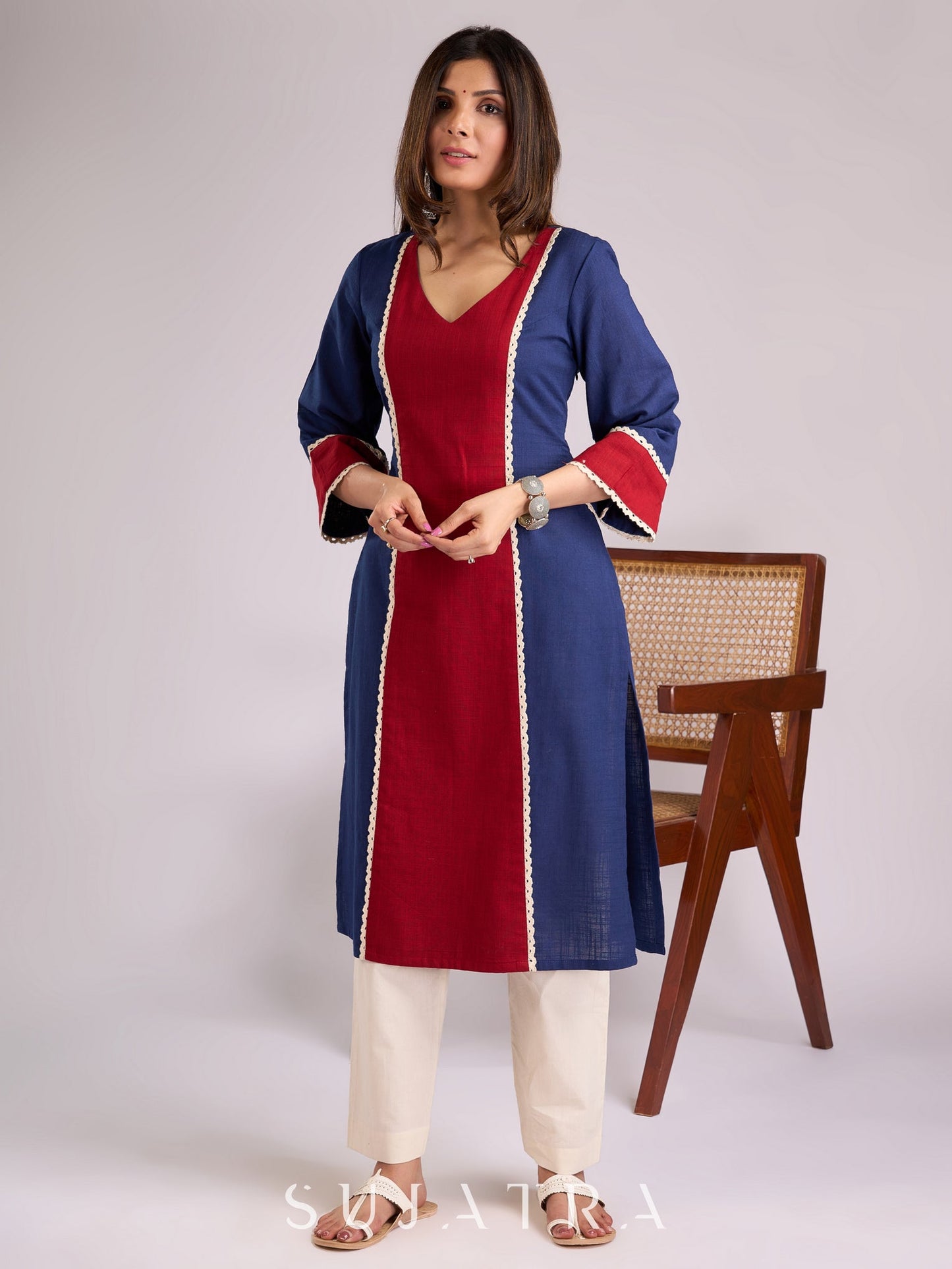 Graceful Blue & Maroon Cotton Panel Kurta Adorned with Intricate Crochet Lace