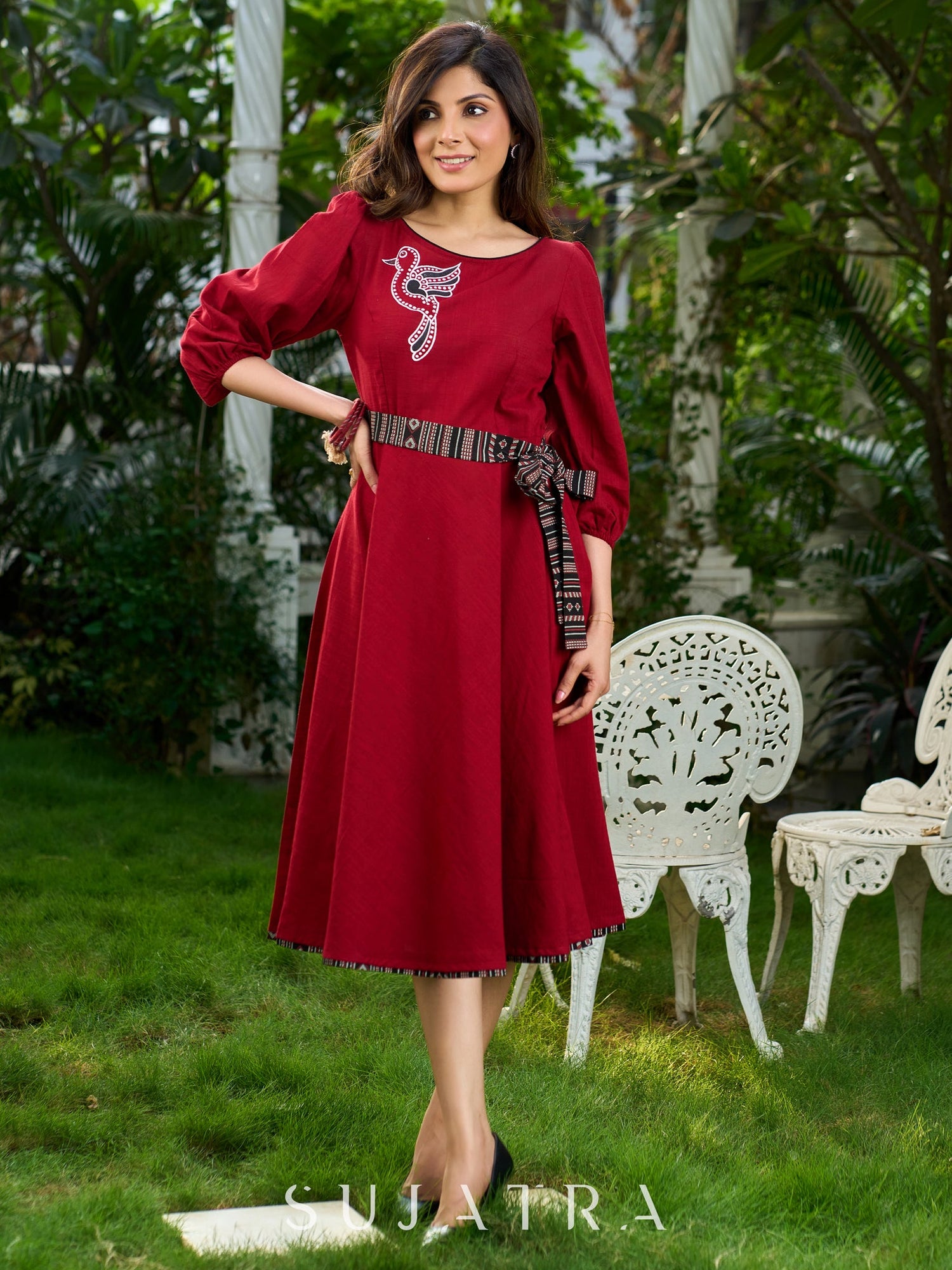 Mystical Maroon Cotton Boat Neck Flared Dress with Artistic Bird Hand-Painting and Contrasting Black Belt