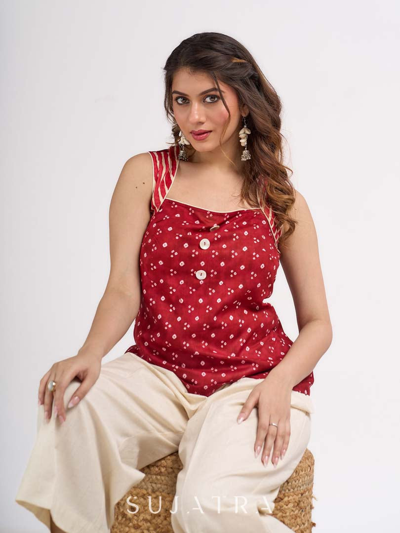 Red Cotton Indo Western Top with Bandhani Print and Button Detail