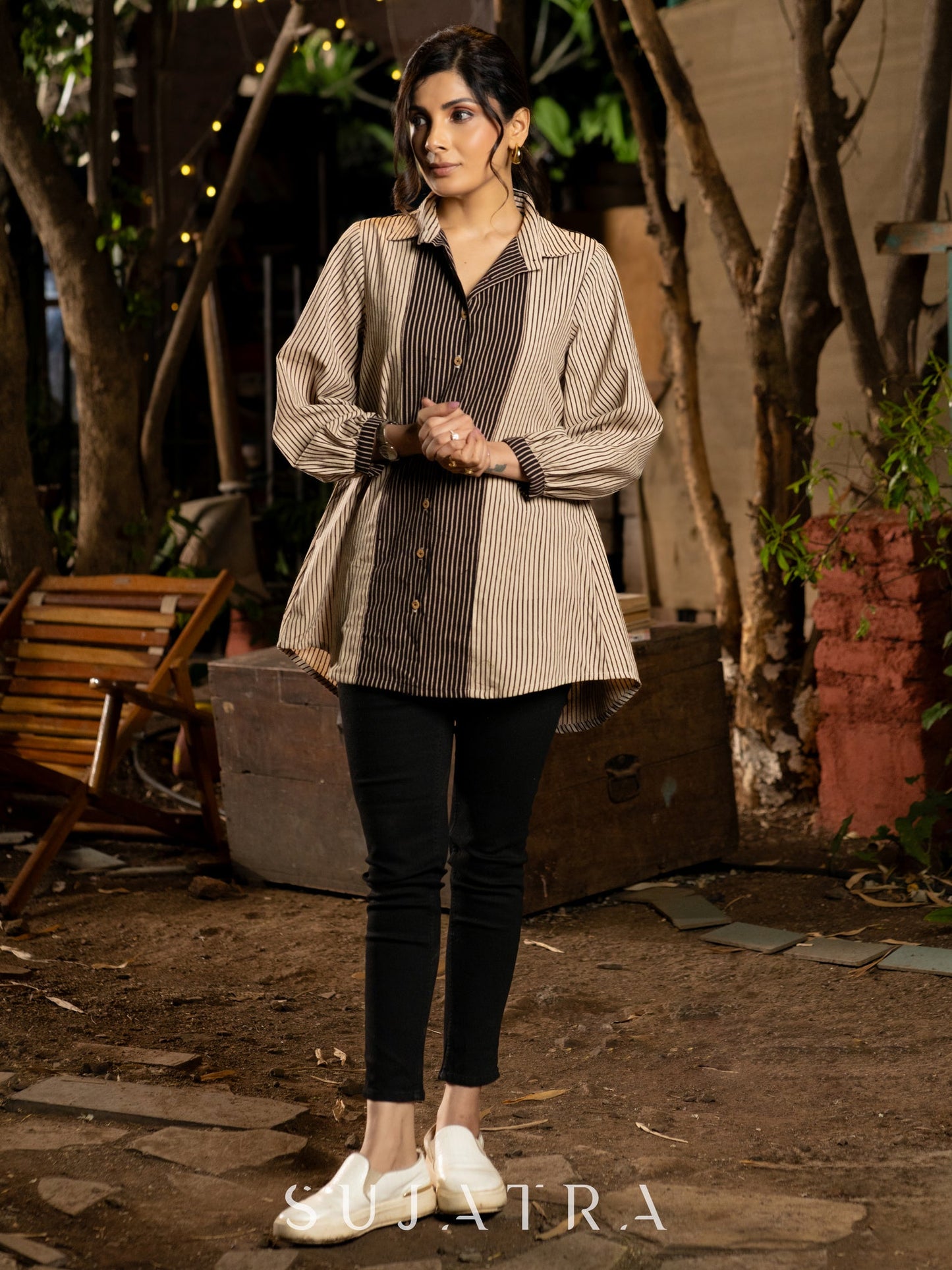 Classic Cream and Black Ajrakh Lines Shirt