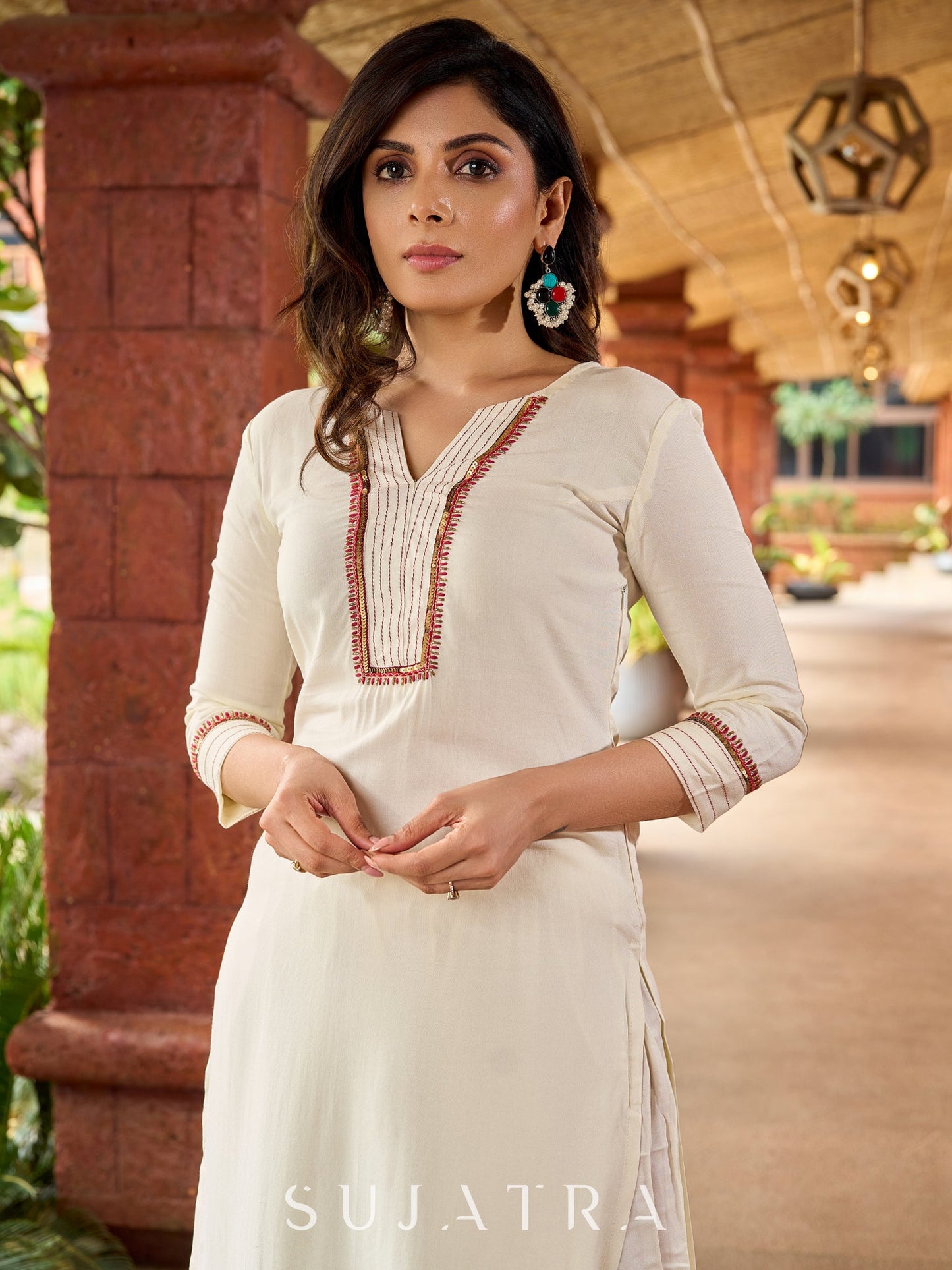 Hand embroidered off-white rayon kurta with delicate artistic detailing-pant optional
