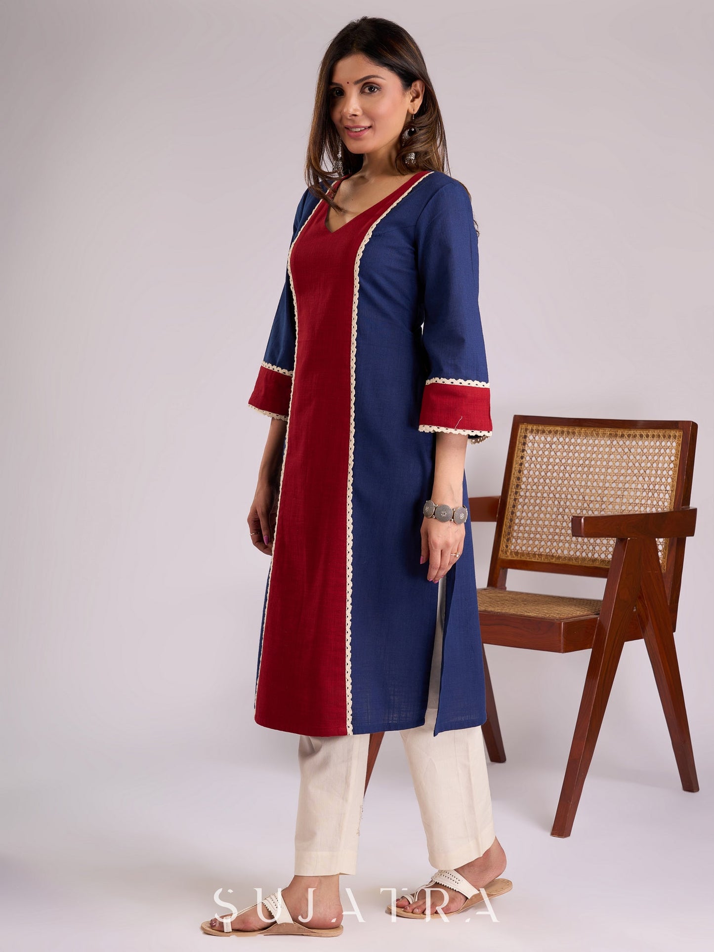 Graceful Blue & Maroon Cotton Panel Kurta Adorned with Intricate Crochet Lace