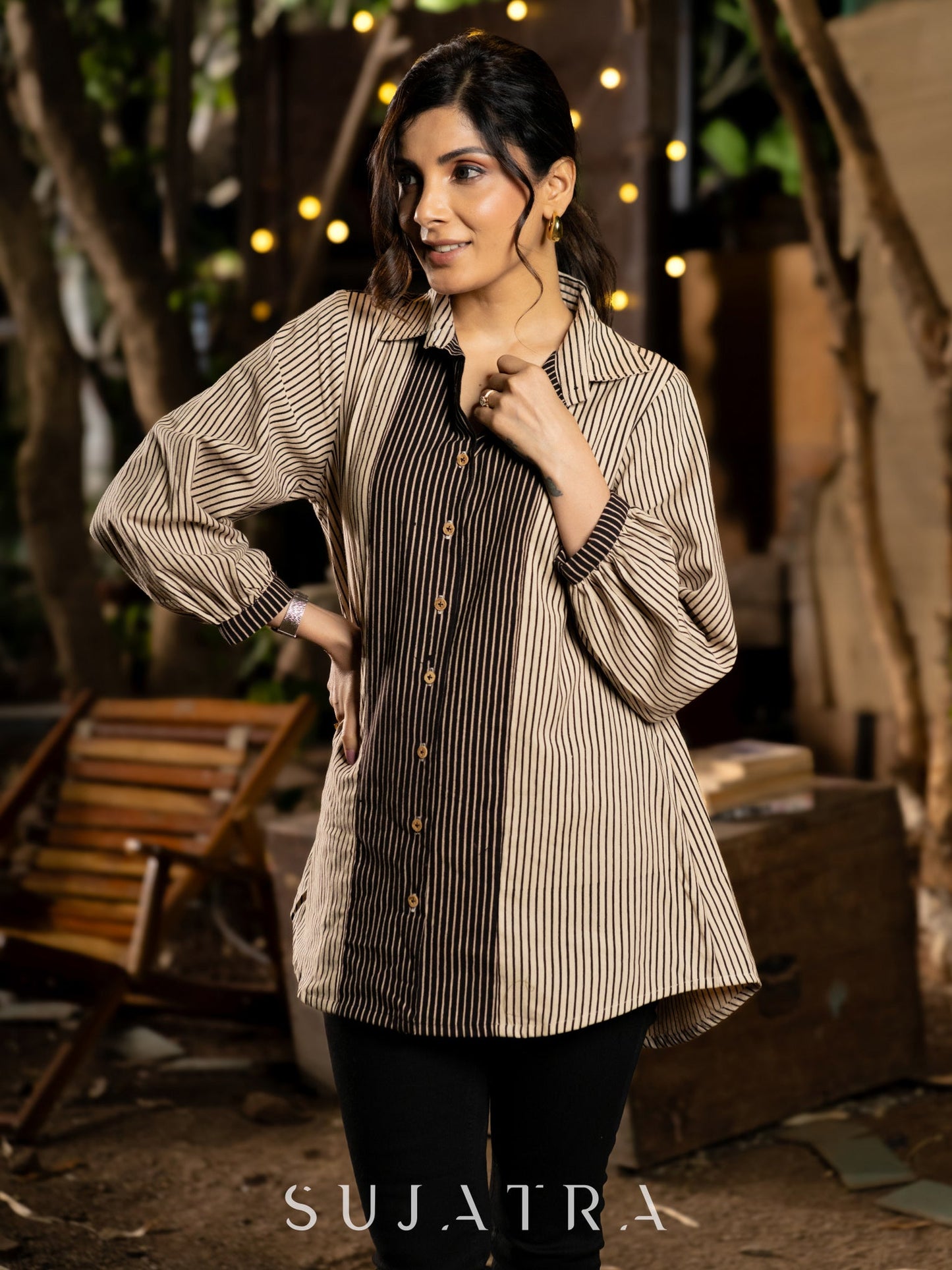 Classic Cream and Black Ajrakh Lines Shirt