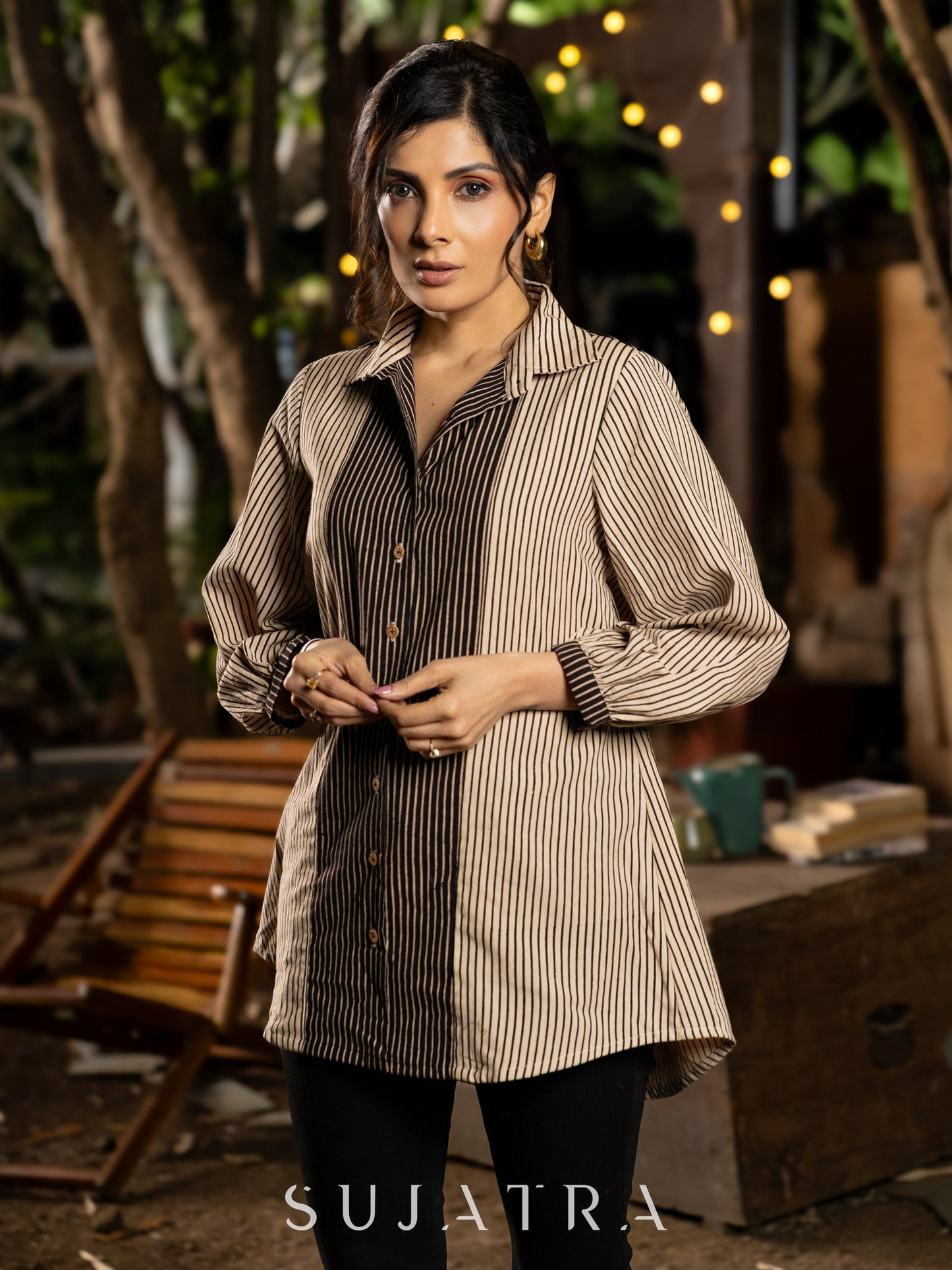 Classic Cream and Black Ajrakh Lines Shirt