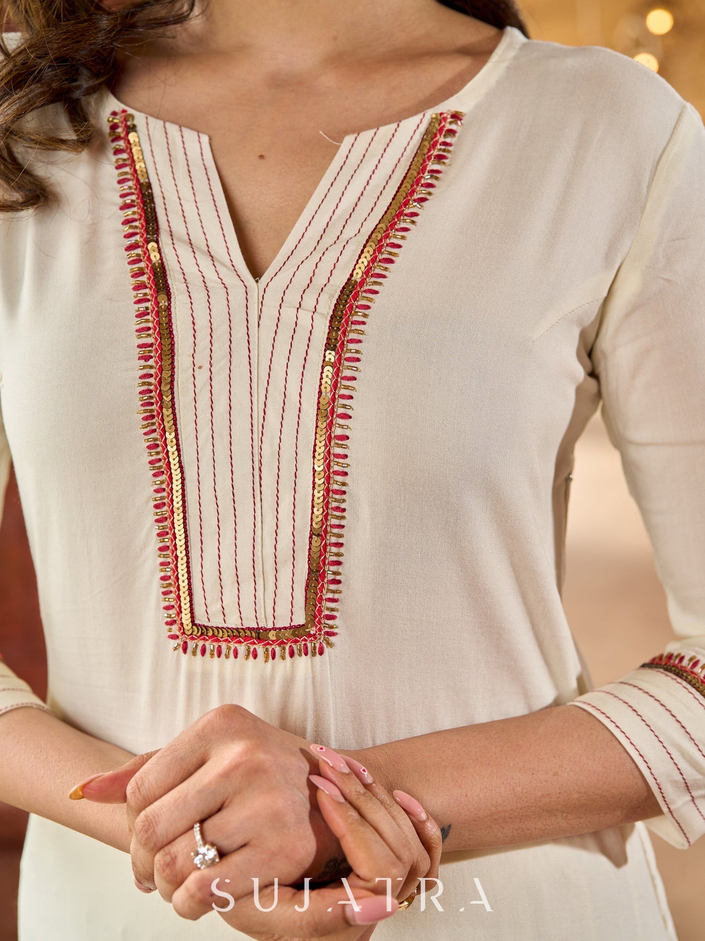 Hand embroidered off-white rayon kurta with delicate artistic detailing-pant optional