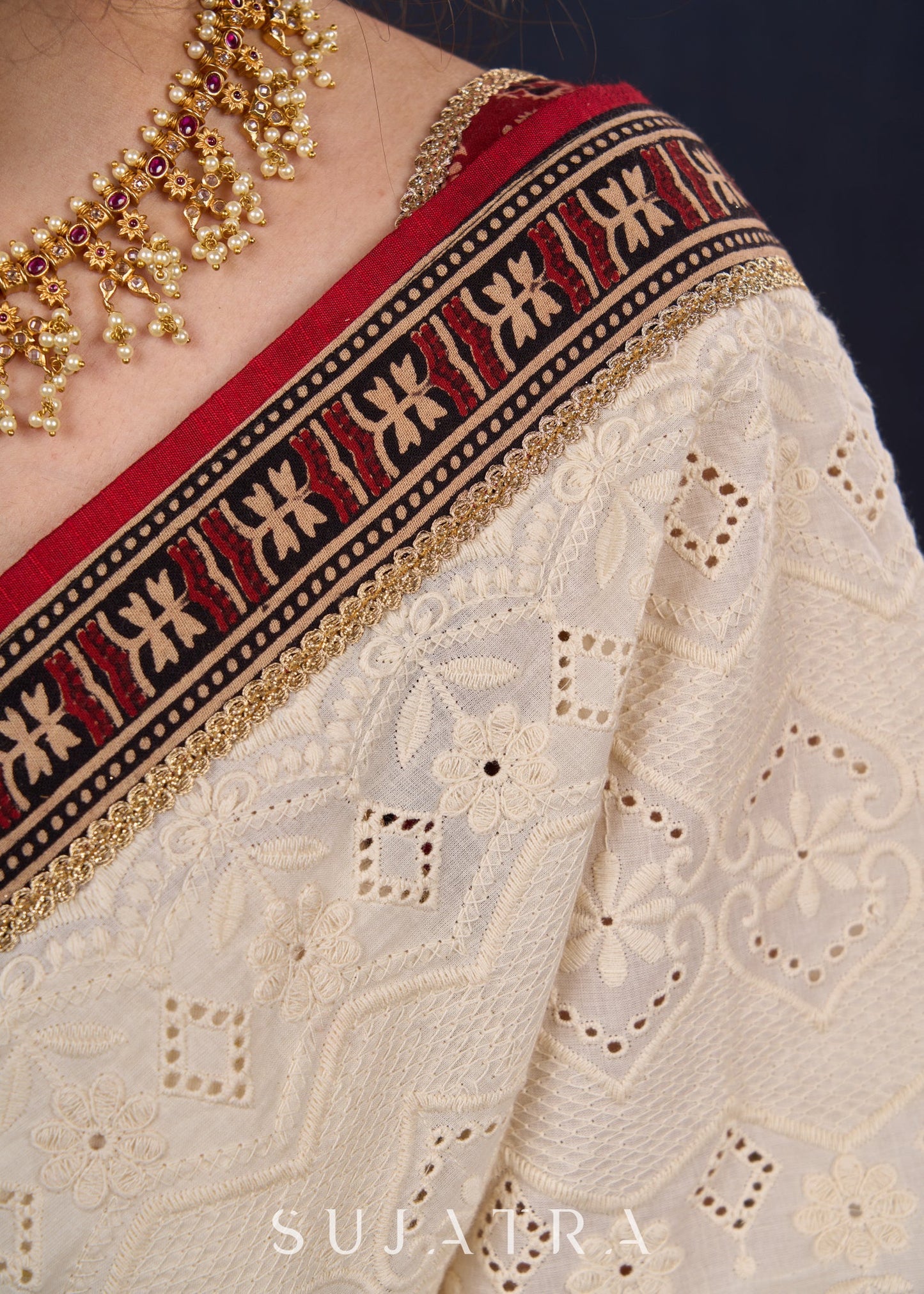 Exquisite Hakoba & Ajrakh Combination Saree with Lace Border