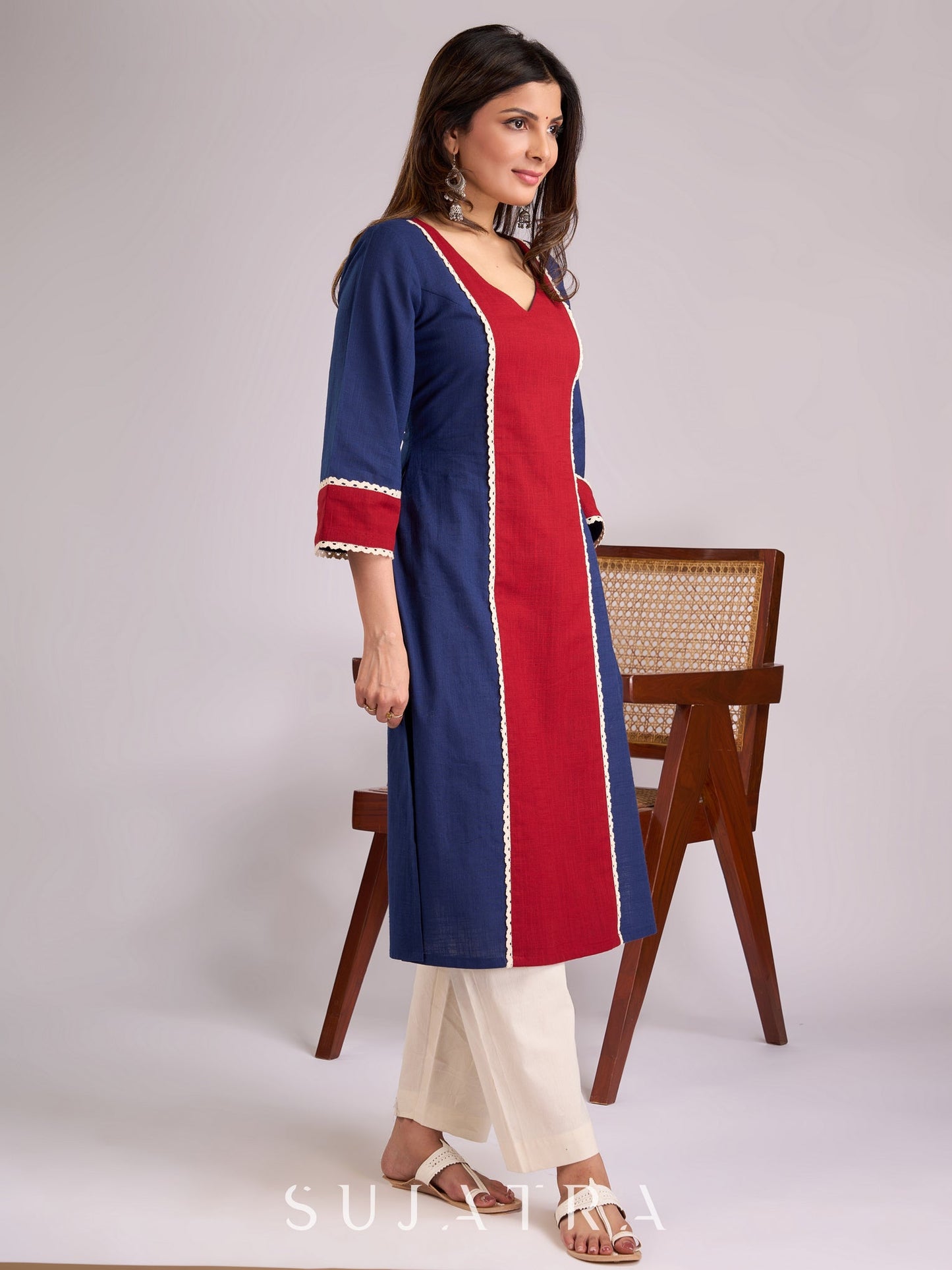 Graceful Blue & Maroon Cotton Panel Kurta Adorned with Intricate Crochet Lace