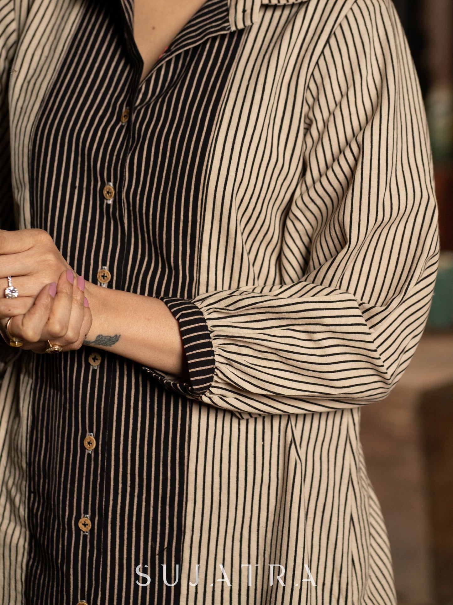 Classic Cream and Black Ajrakh Lines Shirt