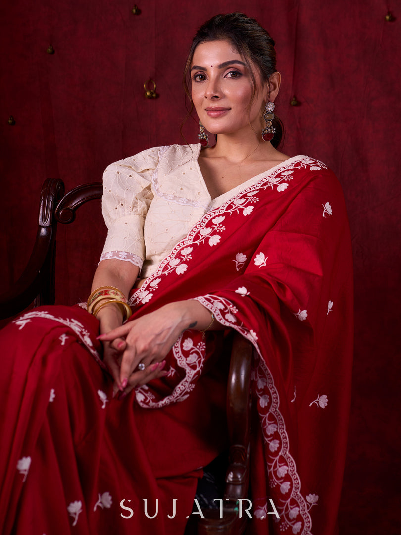 Ruby Red Chanderi Saree Adorned with All-Over Butta & Exquisite Embroidered Border