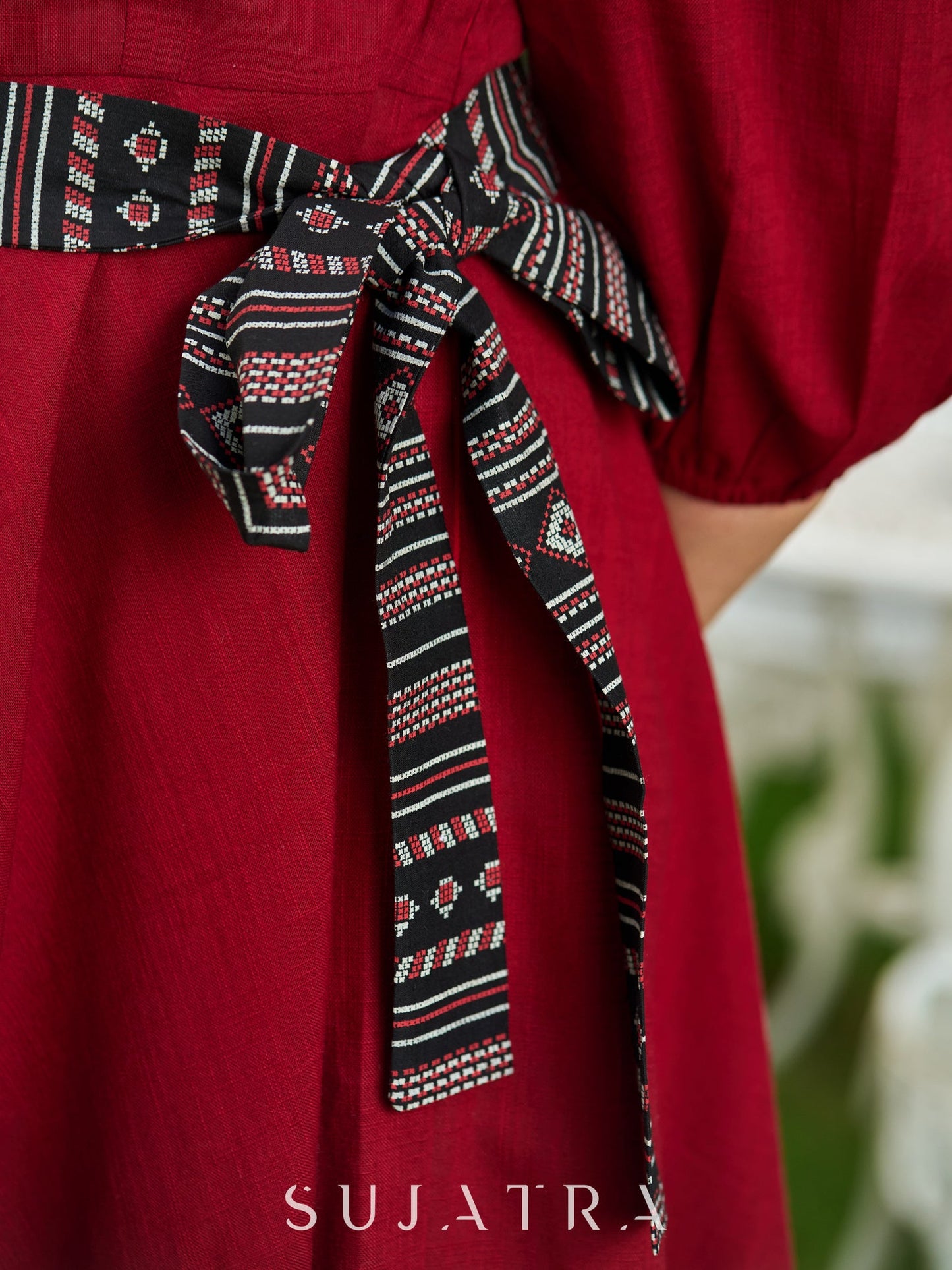 Mystical Maroon Cotton Boat Neck Flared Dress with Artistic Bird Hand-Painting and Contrasting Black Belt