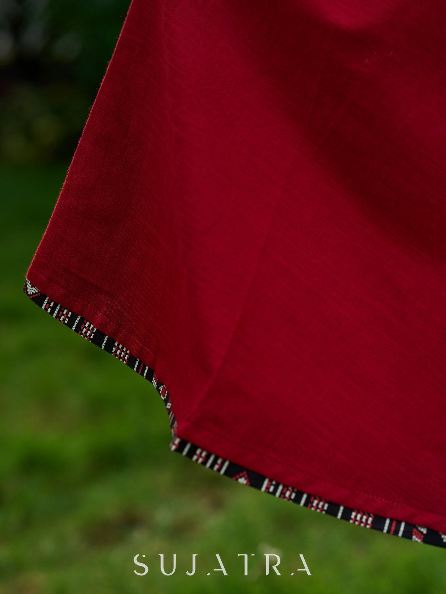 Mystical Maroon Cotton Boat Neck Flared Dress with Artistic Bird Hand-Painting and Contrasting Black Belt