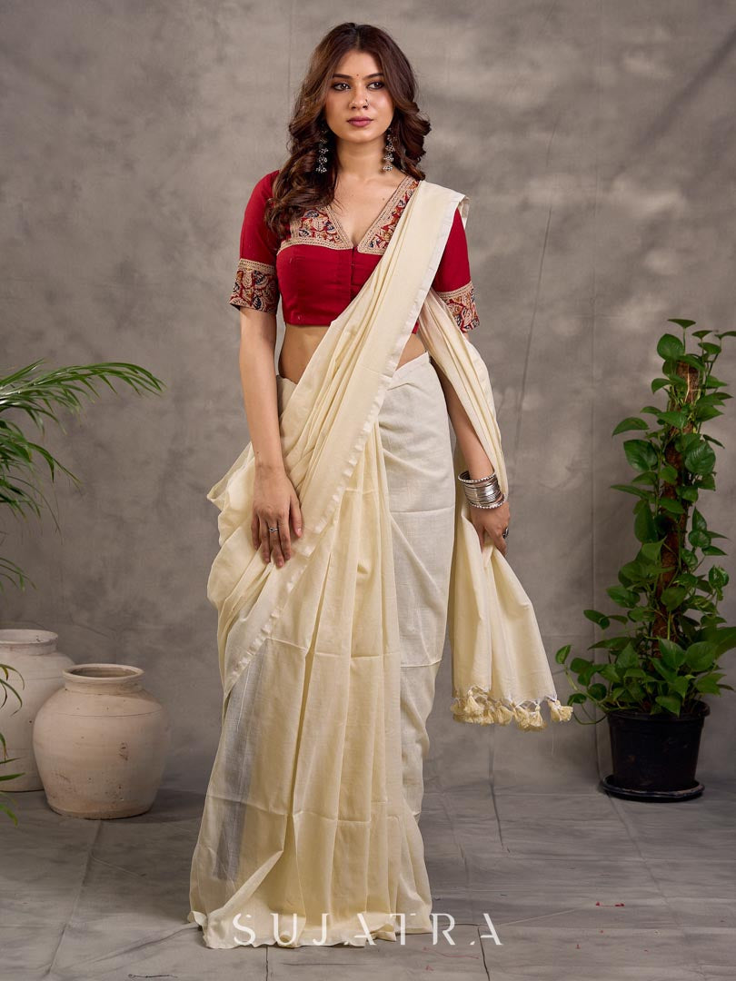 Maroon Cotton Short Sleeve Blouse with Kalamkari Printed Neckline and Sleeve Border Detail