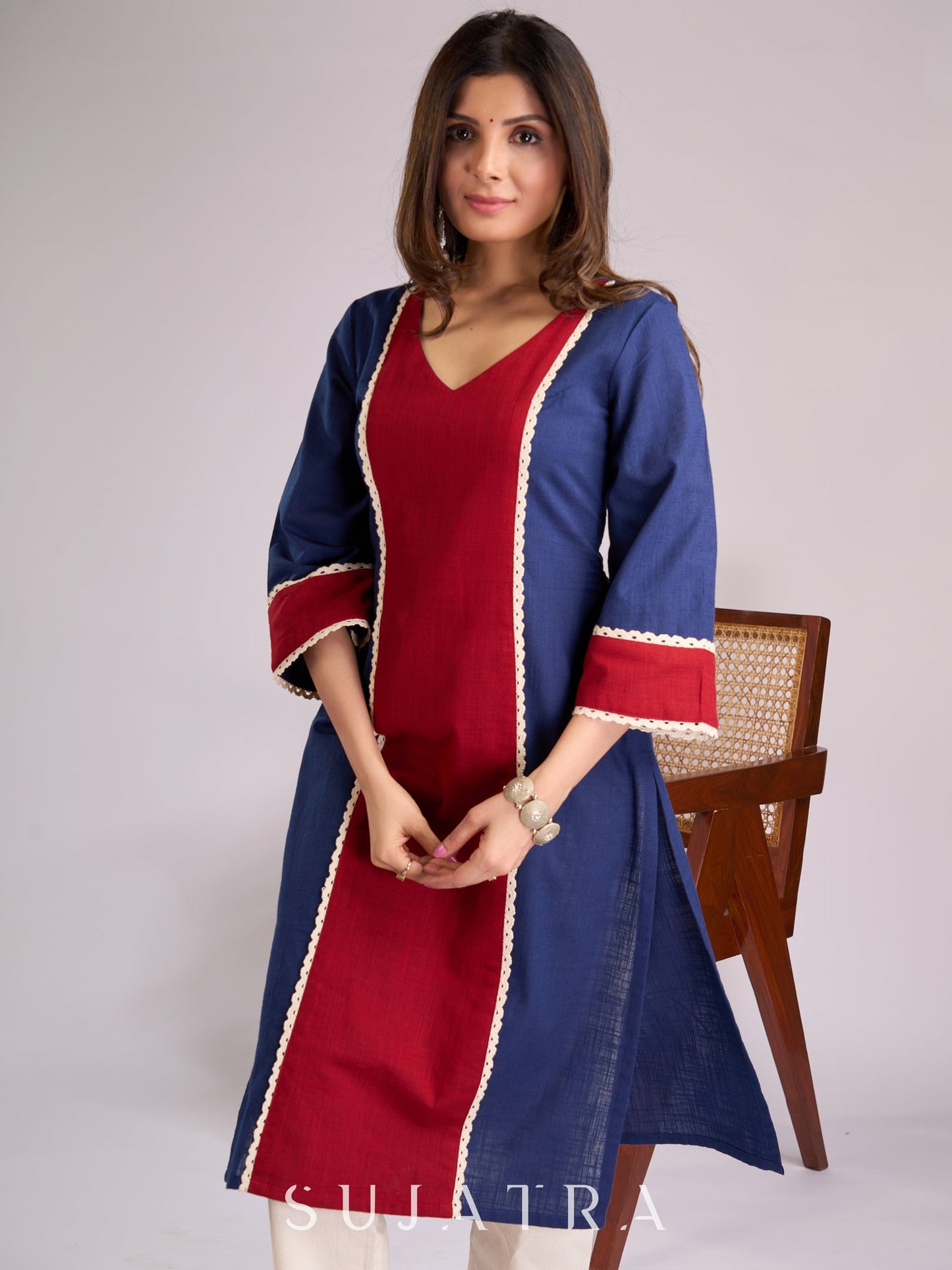 Graceful Blue & Maroon Cotton Panel Kurta Adorned with Intricate Crochet Lace