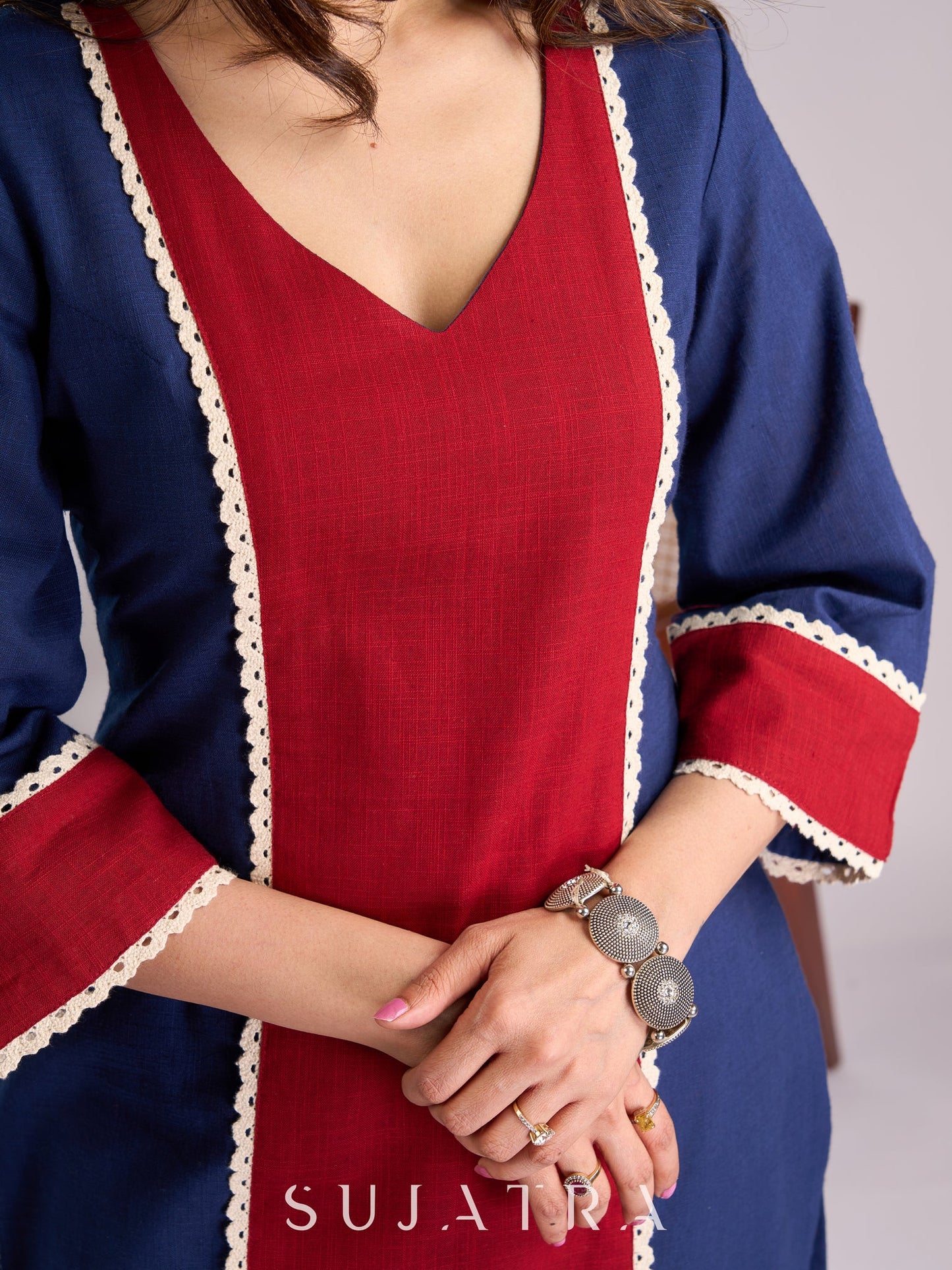Graceful Blue & Maroon Cotton Panel Kurta Adorned with Intricate Crochet Lace