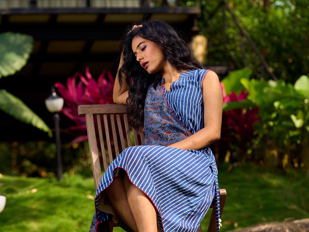 Elegant Ajrakh and Striped Indigo Cotton Wrap Dress with Tie-Up Accents