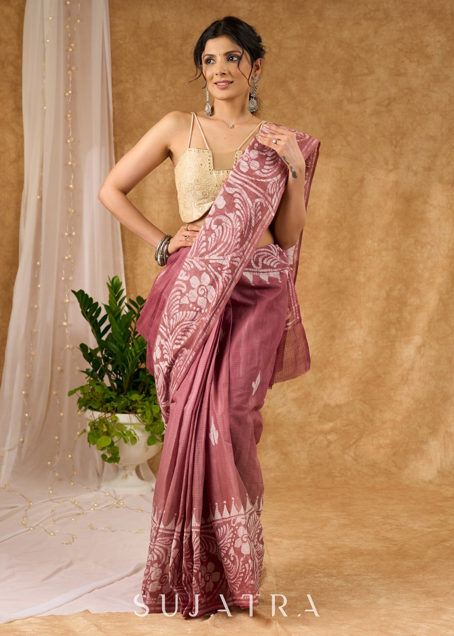 Sophisticated Light Brown Cotton Saree With Timeless Hand Batik Work