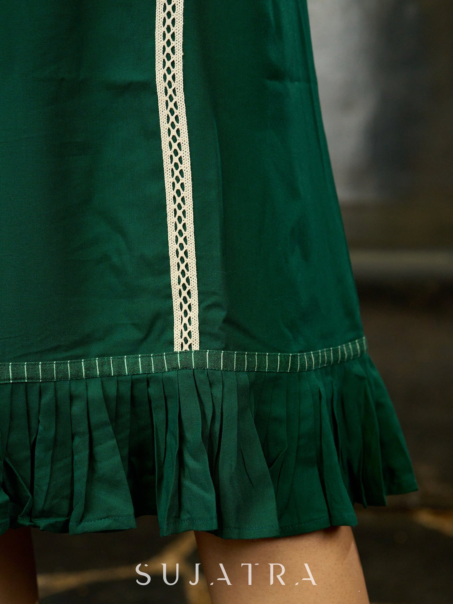 Evergreen Elegance Green Statement Sleeve Dress with Crochet Details