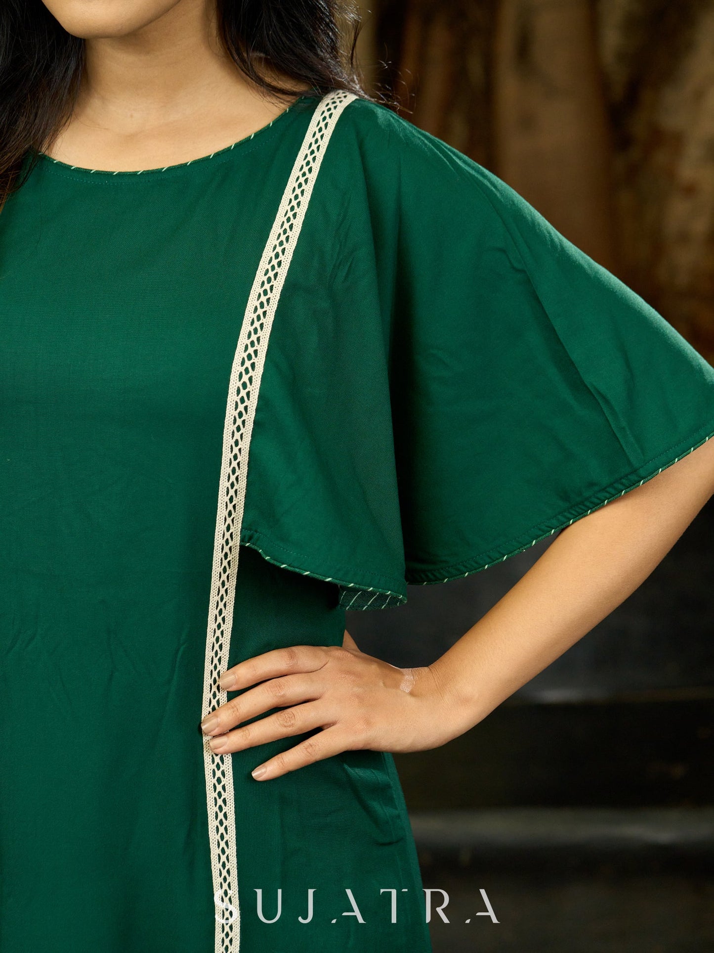 Evergreen Elegance Green Statement Sleeve Dress with Crochet Details