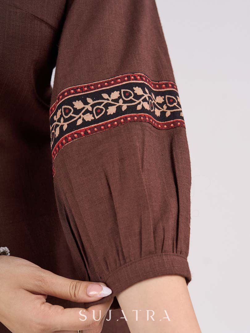 Classic Brown Cotton Top with Contemporary Neckline Highlighted with Ajrakh Border