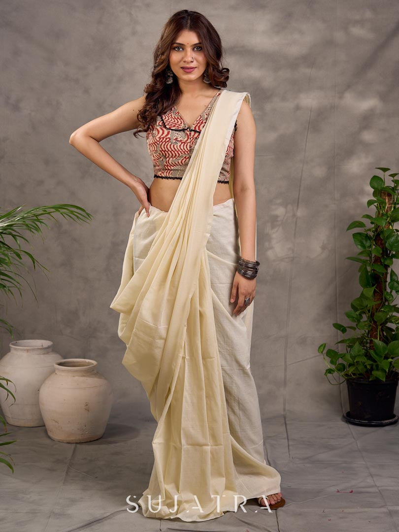 Blouse sans manches en coton imprimé crème et rouille avec détails en dentelle noire
