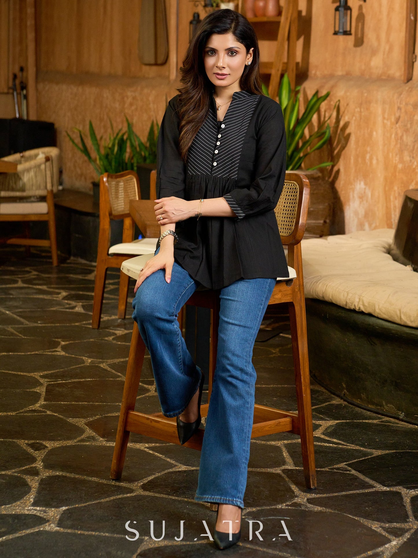 Blissful Black Gathered Cotton Top with Ikat Lines Yoke