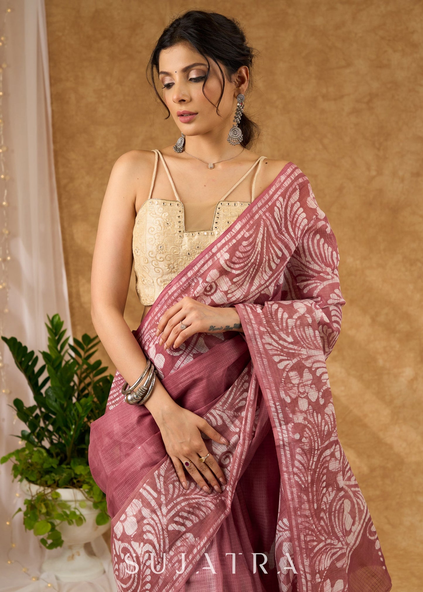 Sophisticated Light Brown Cotton Saree With Timeless Hand Batik Work