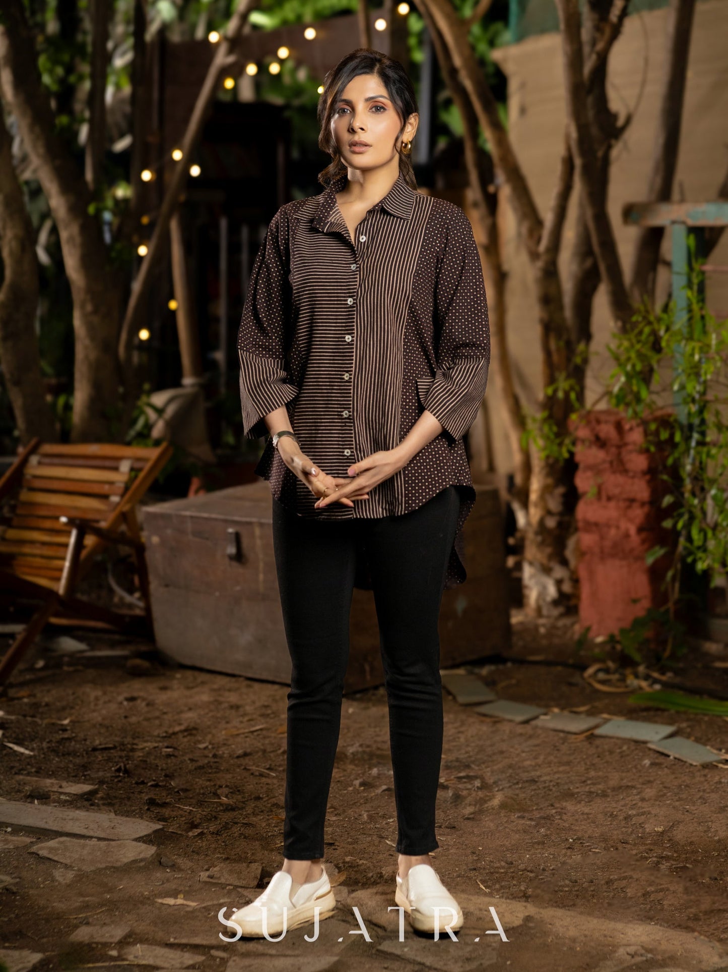 Luxe Ajrakh Lines and Dotted Black Cotton Shirt
