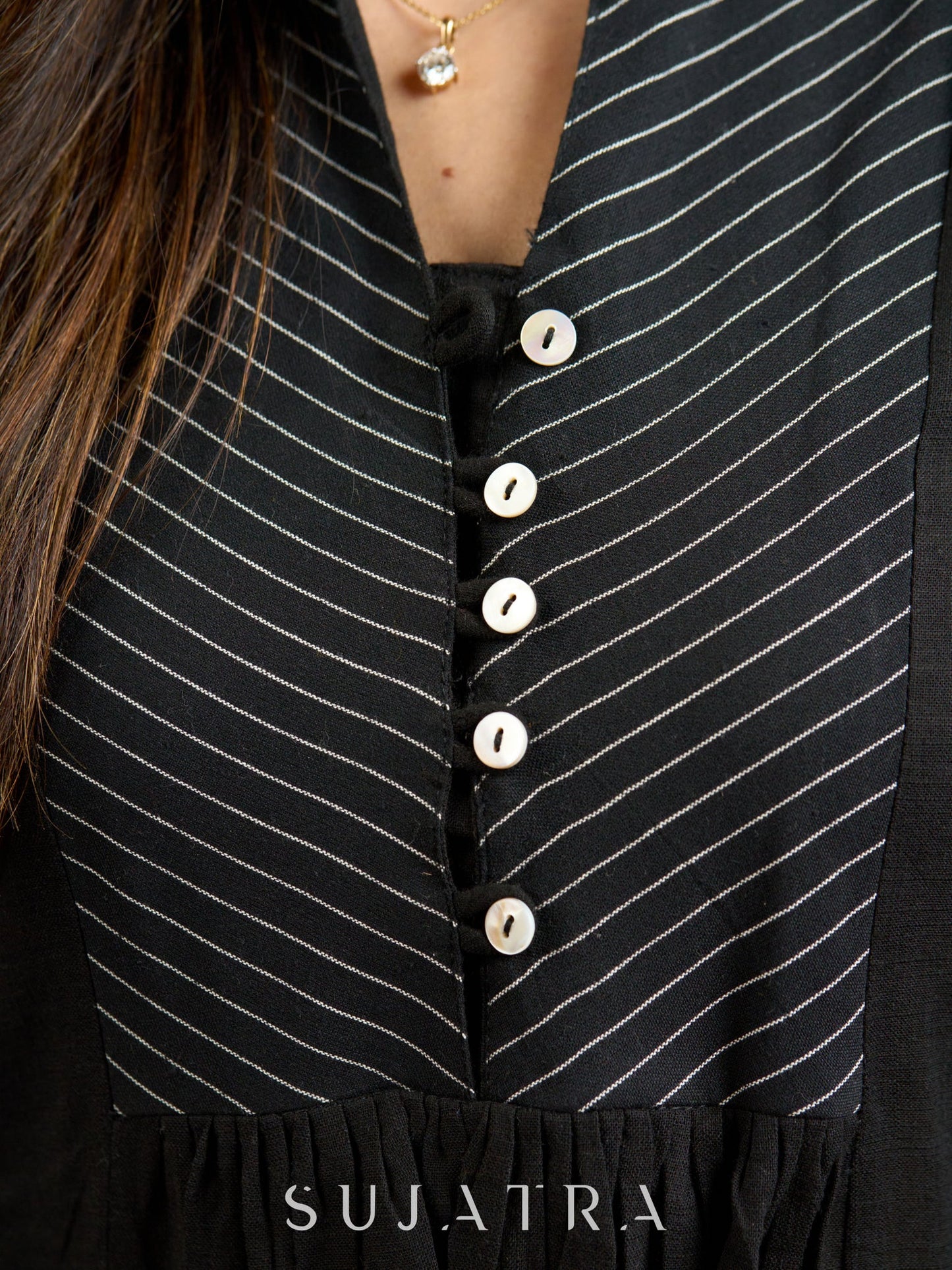 Blissful Black Gathered Cotton Top with Ikat Lines Yoke