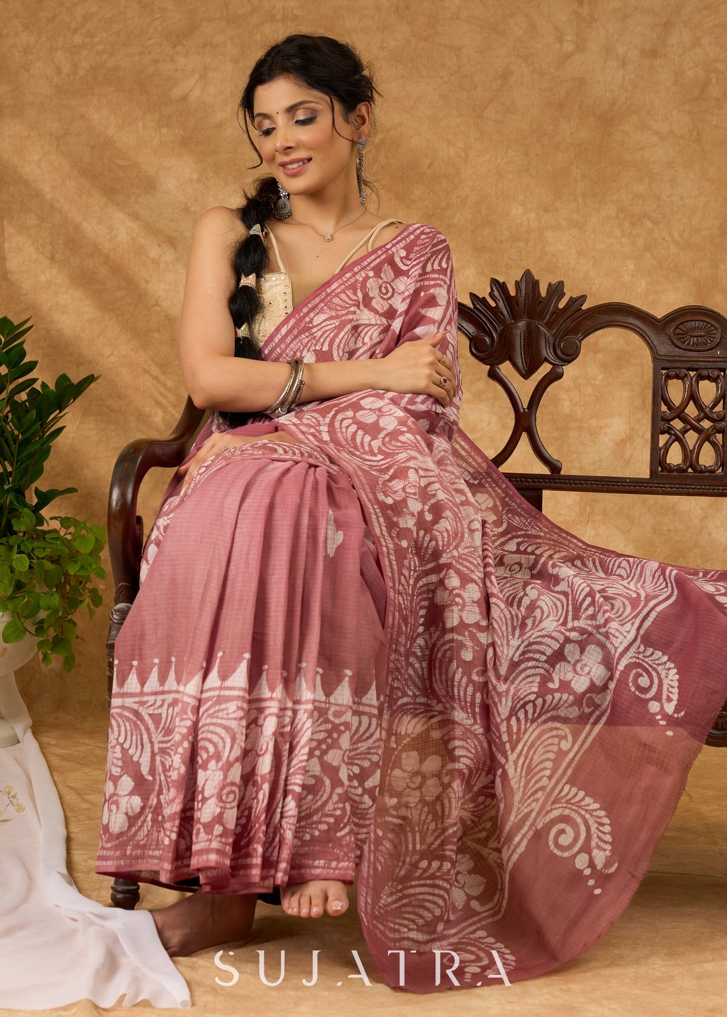 Sophisticated Light Brown Cotton Saree With Timeless Hand Batik Work
