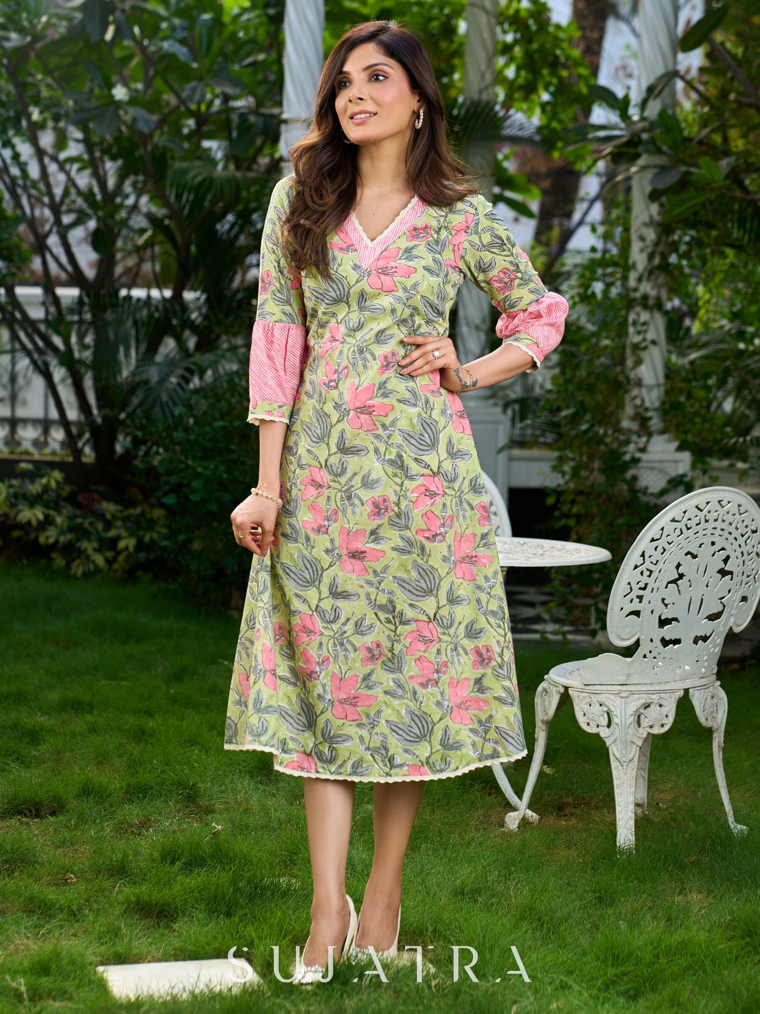 pink and green lace dress Petal Poetry Green & Pink Floral Lace Ruffle Mini Dress